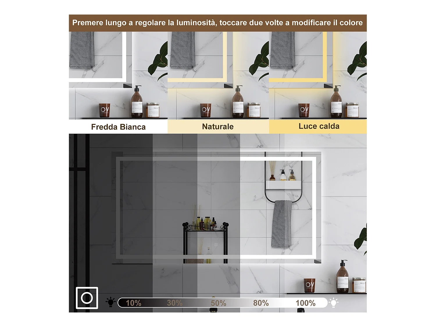 AICA Specchio da bagno  80 x 150 cm, dimmerabile, interruttore touch, Funzione Memoria, antiappannamento, 3 colori