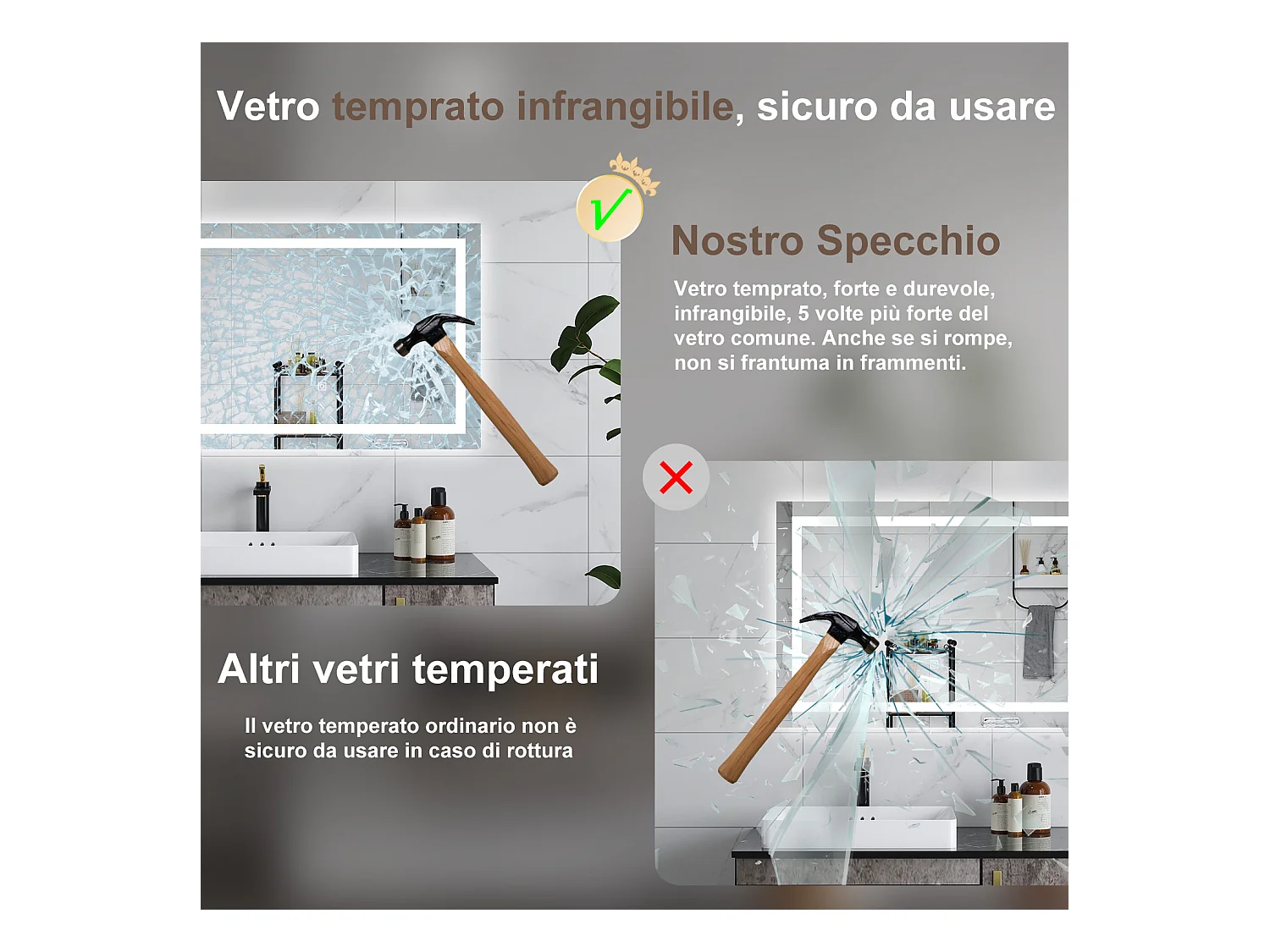 AICA Specchio da bagno  80 x 150 cm, dimmerabile, interruttore touch, Funzione Memoria, antiappannamento, 3 colori