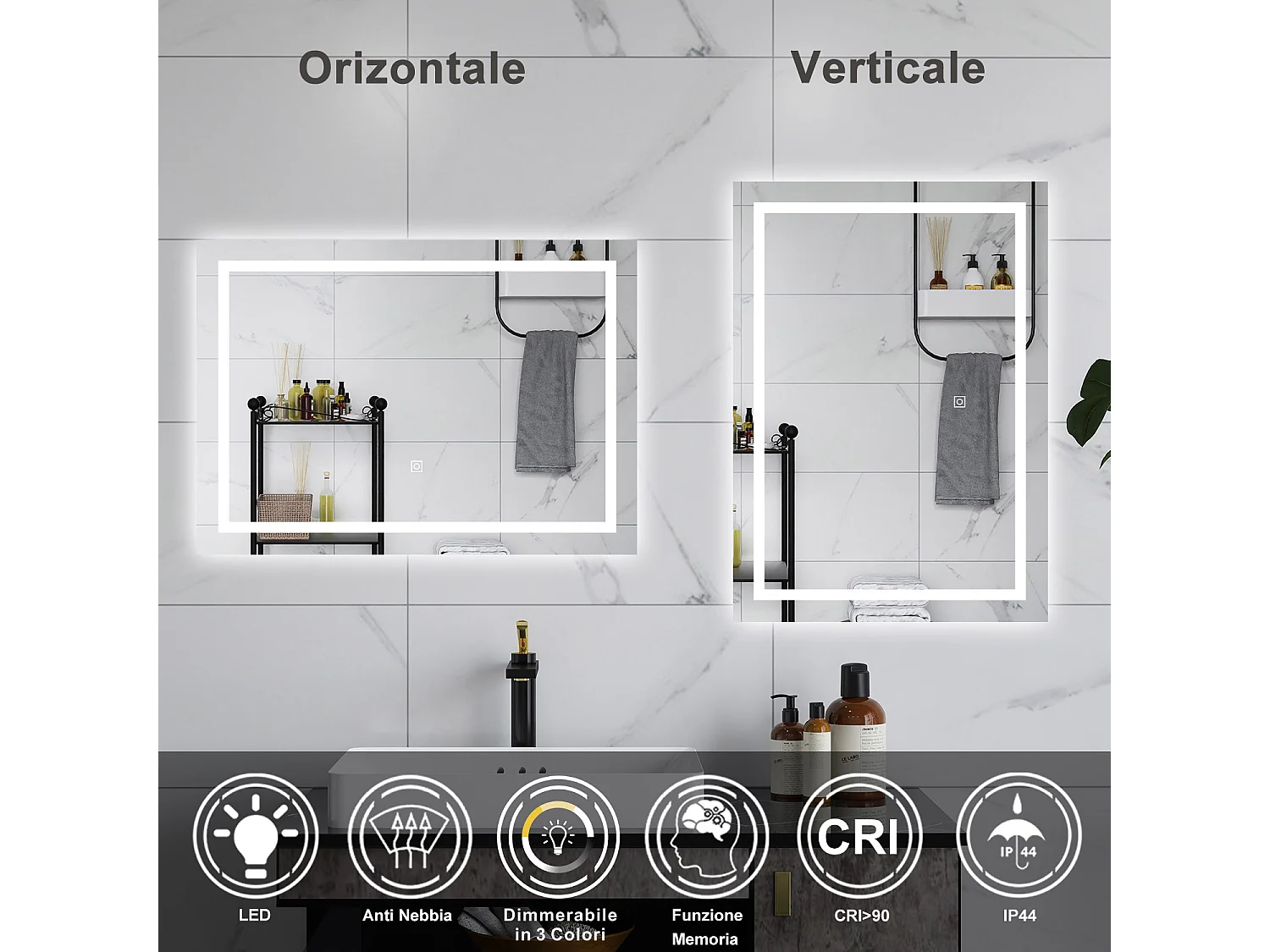 AICA Specchio da bagno  80 x 150 cm, dimmerabile, interruttore touch, Funzione Memoria, antiappannamento, 3 colori