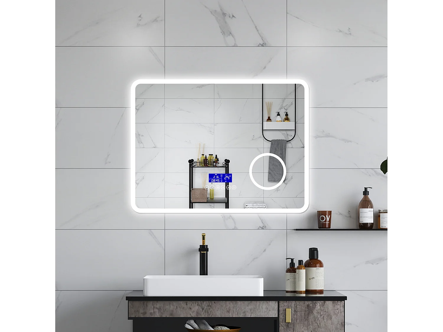 AICA Specchio da bagno  80 x 60 cm, dimmerabile, Blue tooth, Funzione Memoria, antiappannamento, 3 colori, Magnificatore,  orologio