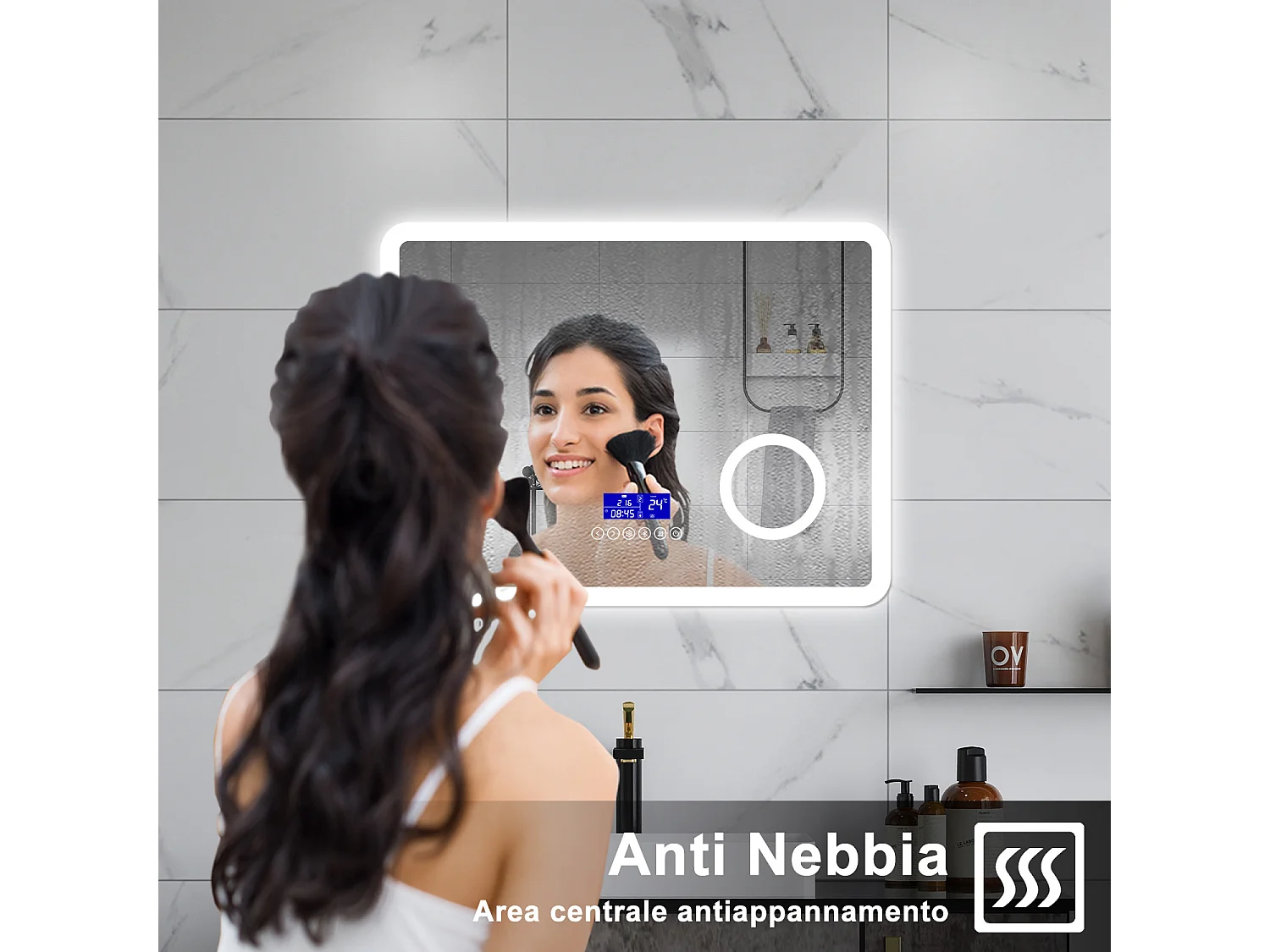 AICA Specchio da bagno  80 x 60 cm, dimmerabile, Blue tooth, Funzione Memoria, antiappannamento, 3 colori, Magnificatore,  orologio