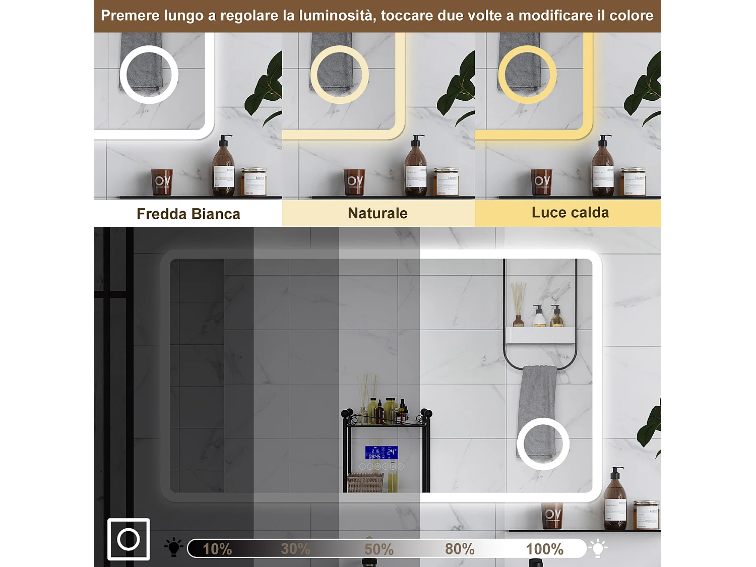 AICA Specchio da bagno  80 x 60 cm, dimmerabile, Blue tooth, Funzione Memoria, antiappannamento, 3 colori, Magnificatore,  orologio