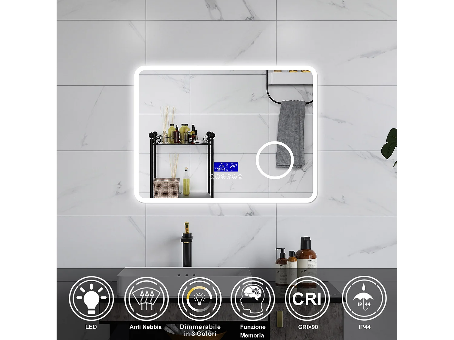 AICA Specchio da bagno  80 x 60 cm, dimmerabile, Blue tooth, Funzione Memoria, antiappannamento, 3 colori, Magnificatore,  orologio