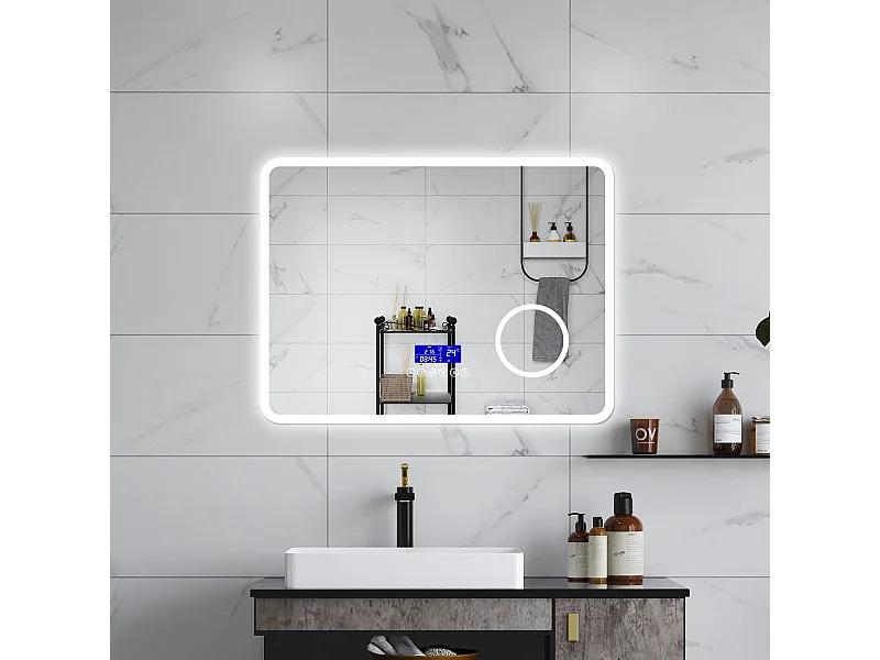 AICA Specchio da bagno  80 x 60 cm, dimmerabile, Blue tooth, Funzione Memoria, antiappannamento, 3 colori, Magnificatore,  orologio