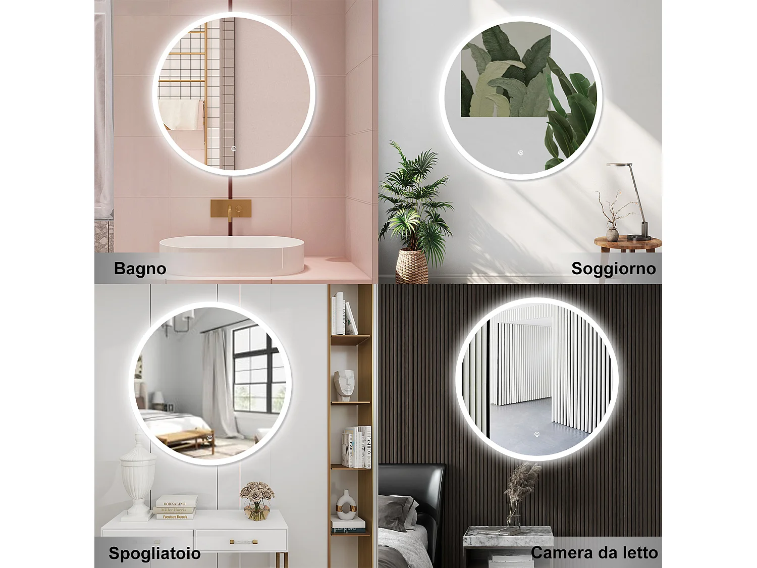 AICA Specchio da bagno 60 x 60 cm, 3 colori, antiappannamento, dimmerabile, interruttore touch, Funzione Memoria