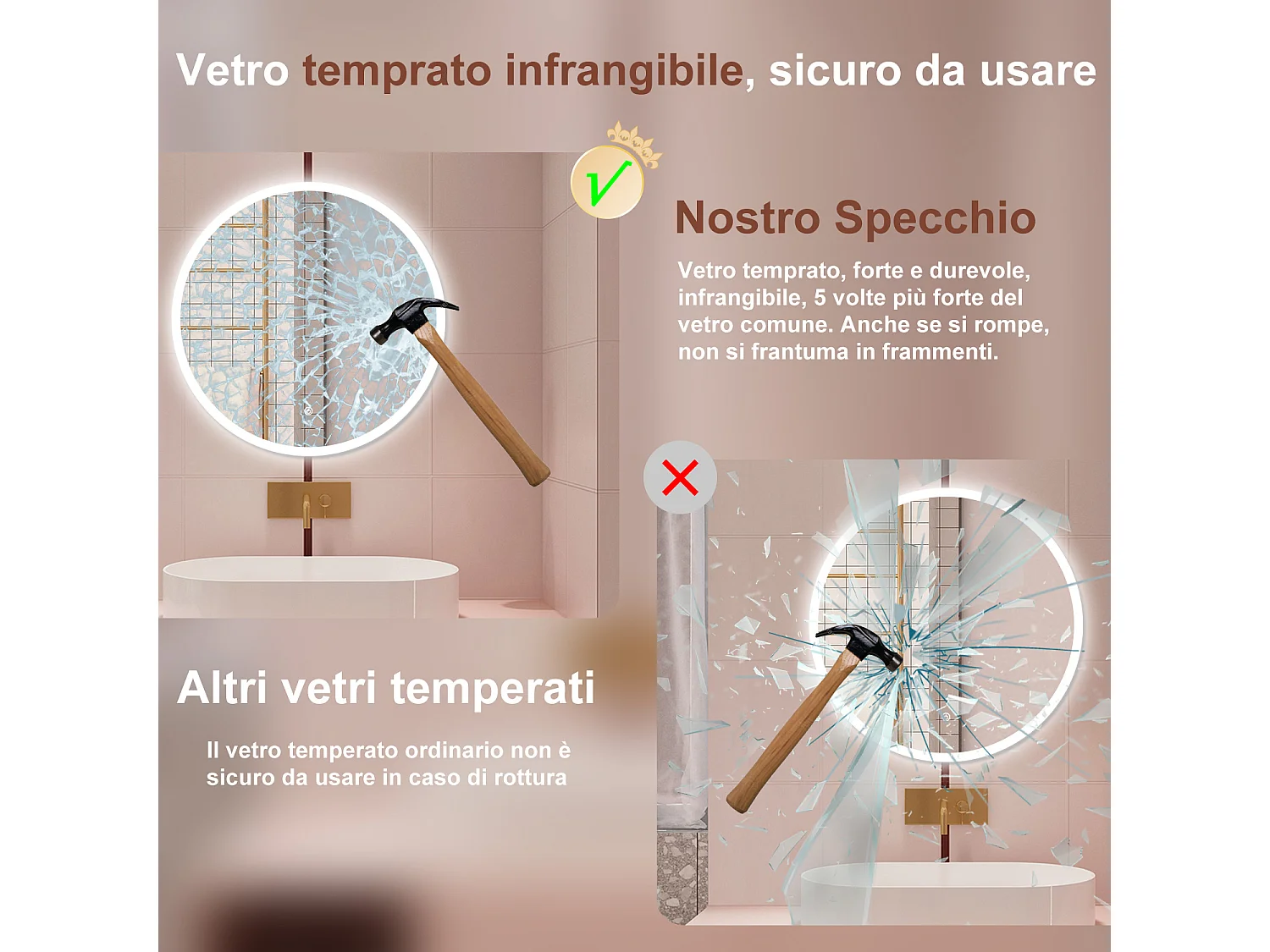 AICA Specchio da bagno 60 x 60 cm, 3 colori, antiappannamento, dimmerabile, interruttore touch, Funzione Memoria