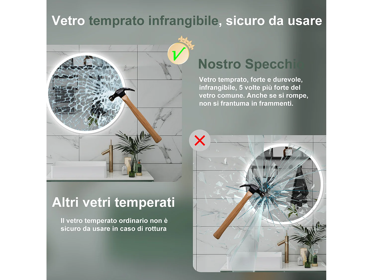 AICA Specchio da bagno 100 x 100 cm, antiappannamento, dimmerabile, interruttore touch, Funzione Memoria