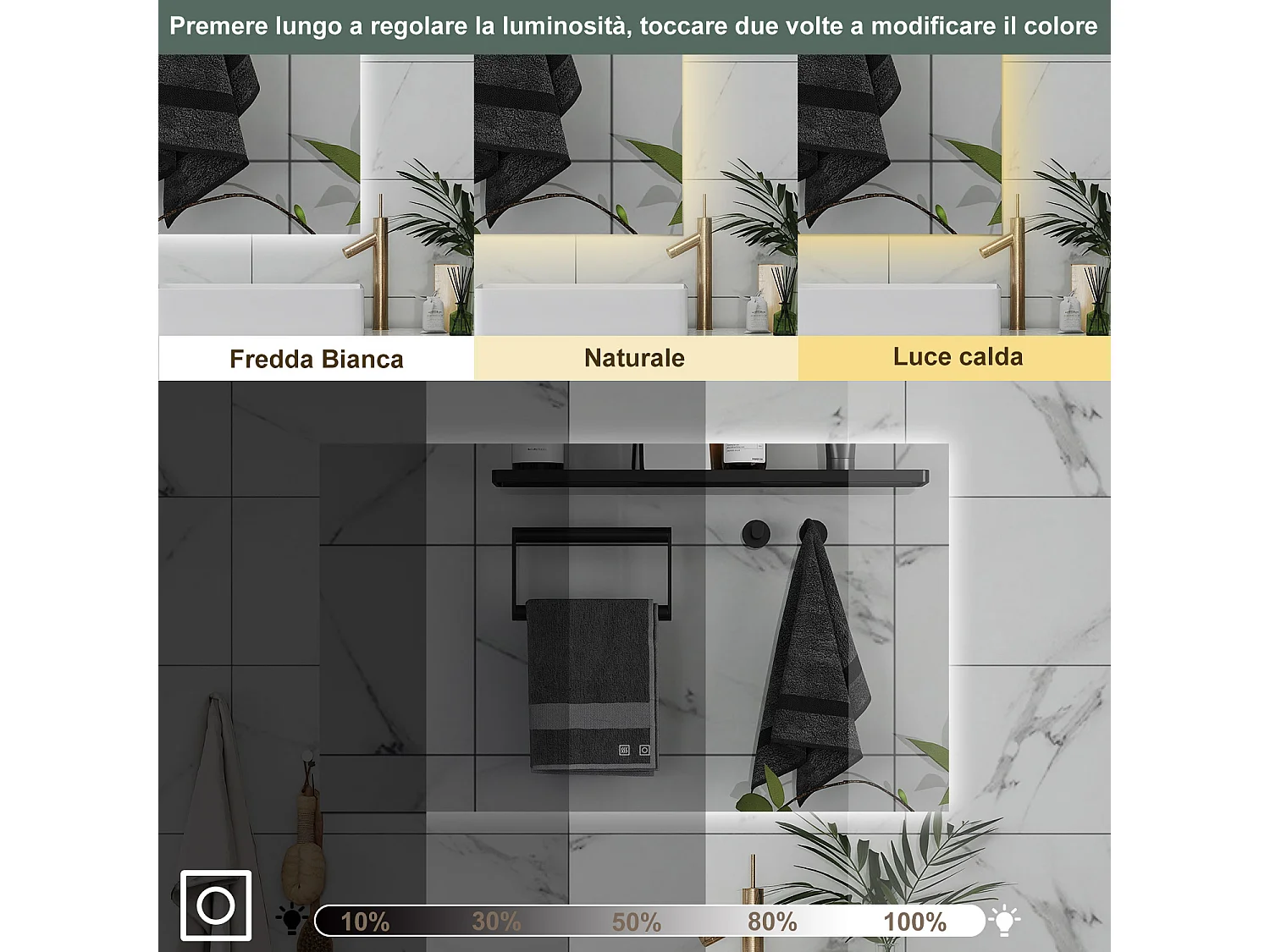 AICA Specchio da bagno 80 x 60 cm, dimmerabile, Funzione Memoria, antiappannamento, 3 colori