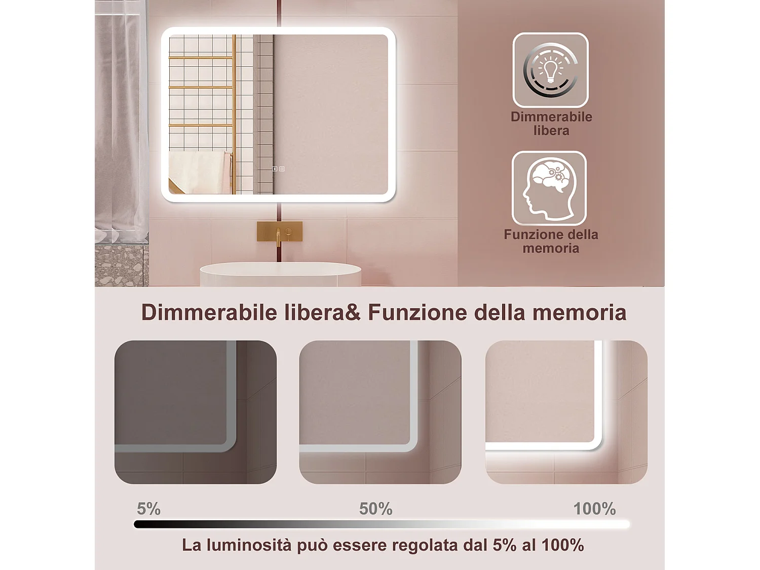 AICA Specchio da bagno  70 x 50 cm, dimmerabile, Blue tooth, Funzione Memoria, antiappannamento, 3 colori