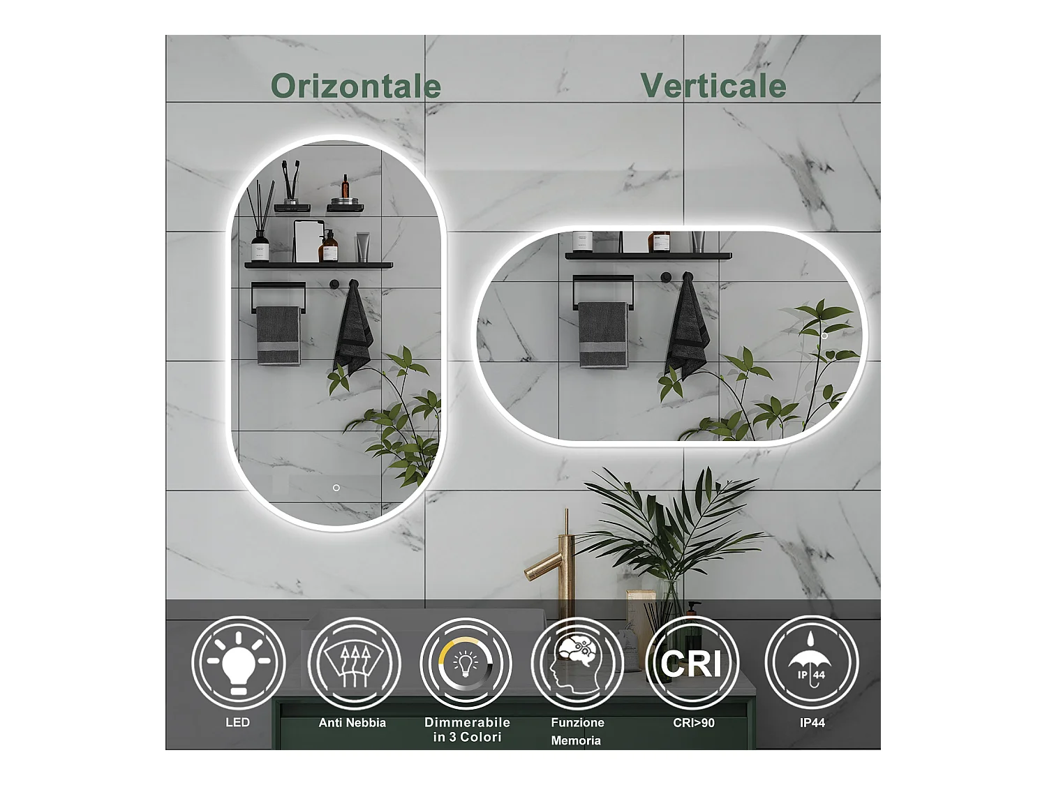 AICA Specchio da bagno 50 x 90 cm, dimmerabile，interruttore touch， Funzione Memoria, antiappannamento