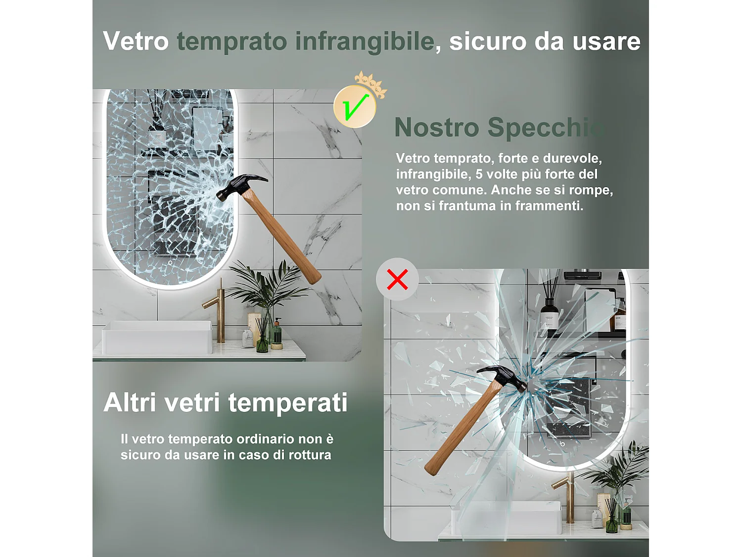 AICA Specchio da bagno 50 x 90 cm, dimmerabile，interruttore touch， Funzione Memoria, antiappannamento