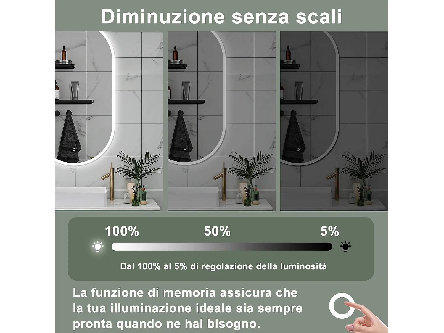 AICA Specchio da bagno 50 x 90 cm, dimmerabile，interruttore touch， Funzione Memoria, antiappannamento
