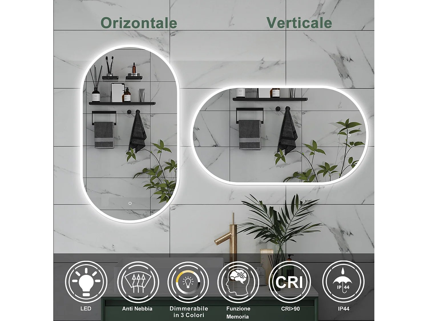 AICA Specchio da bagno 50 x 90 cm, dimmerabile，interruttore touch， Funzione Memoria, antiappannamento