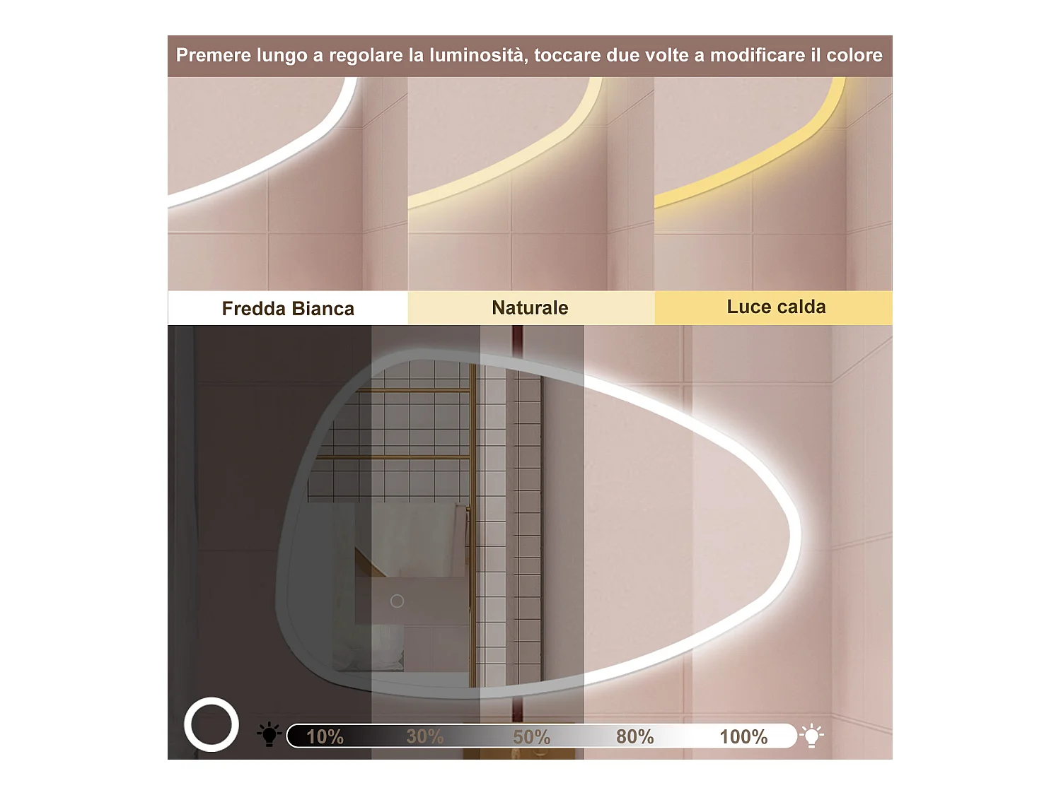 AICA Specchio da bagno 120 x 80 cm, dimmerabile, Funzione Memoria, antiappannamento, 3 colori