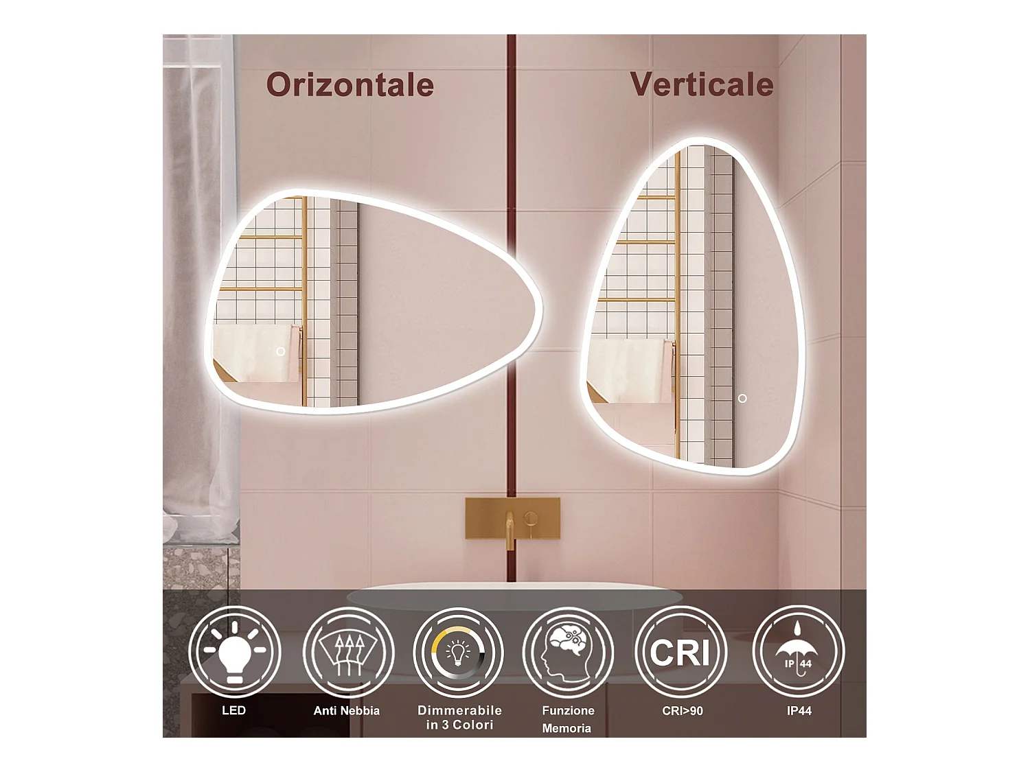 AICA Specchio da bagno 120 x 80 cm, dimmerabile, Funzione Memoria, antiappannamento, 3 colori