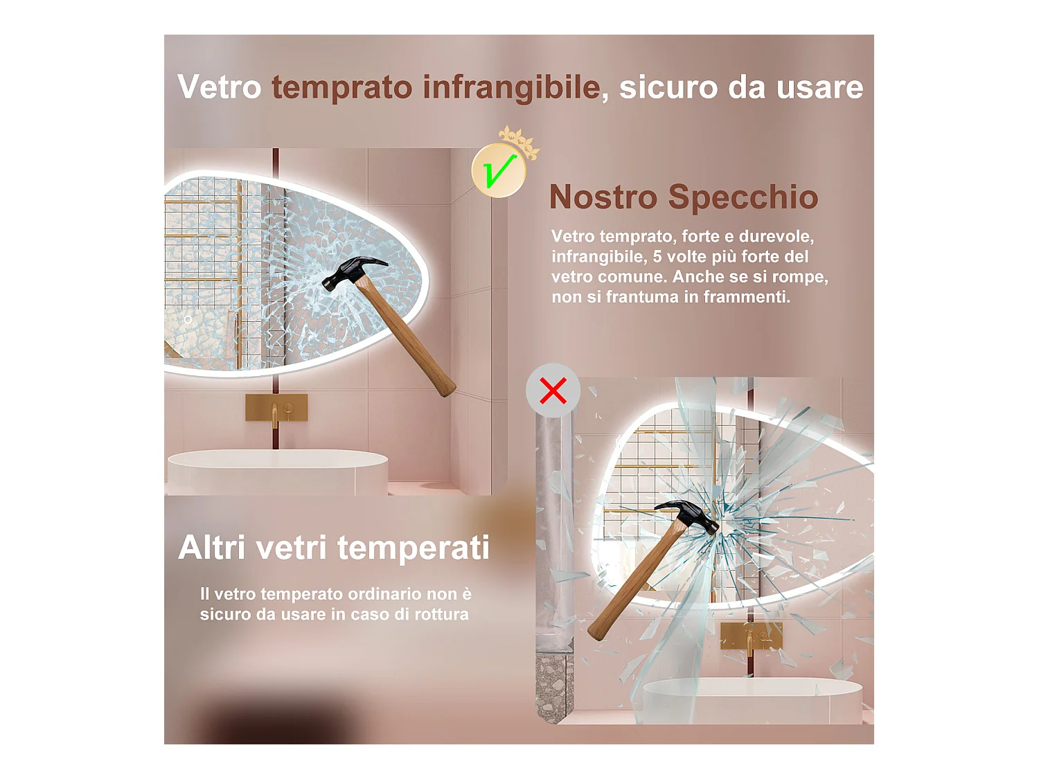 AICA Specchio da bagno 120 x 80 cm, dimmerabile, Funzione Memoria, antiappannamento, 3 colori