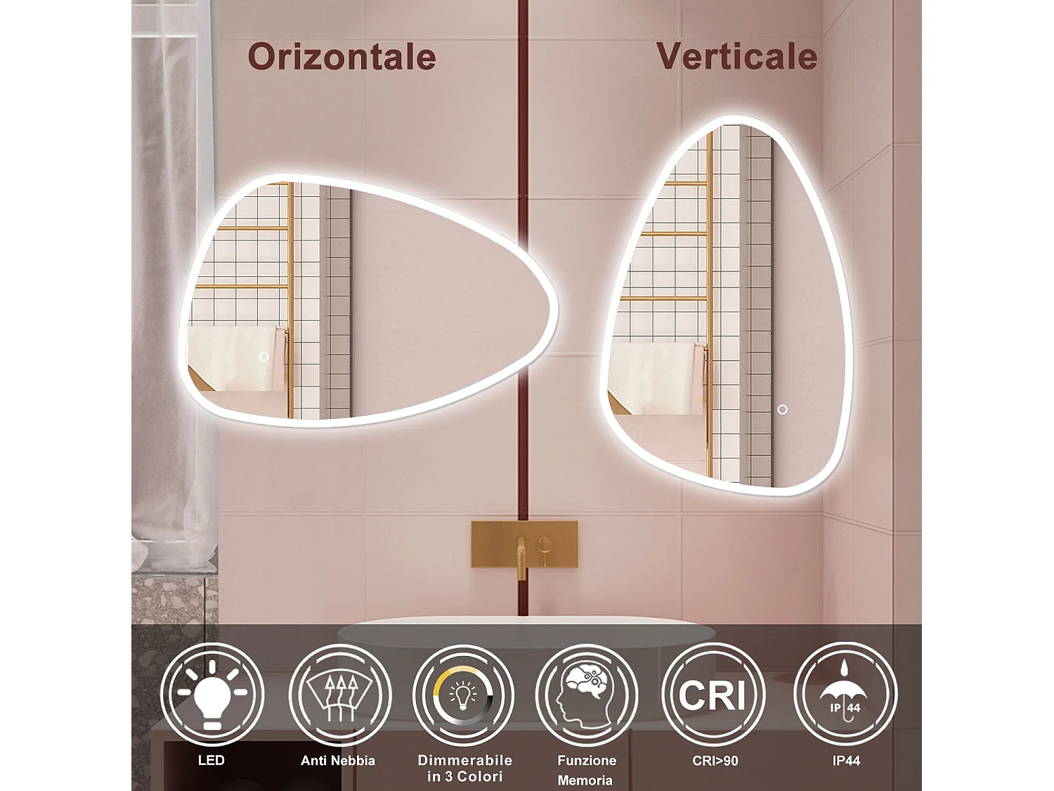AICA Specchio da bagno 120 x 80 cm, dimmerabile, Funzione Memoria, antiappannamento, 3 colori