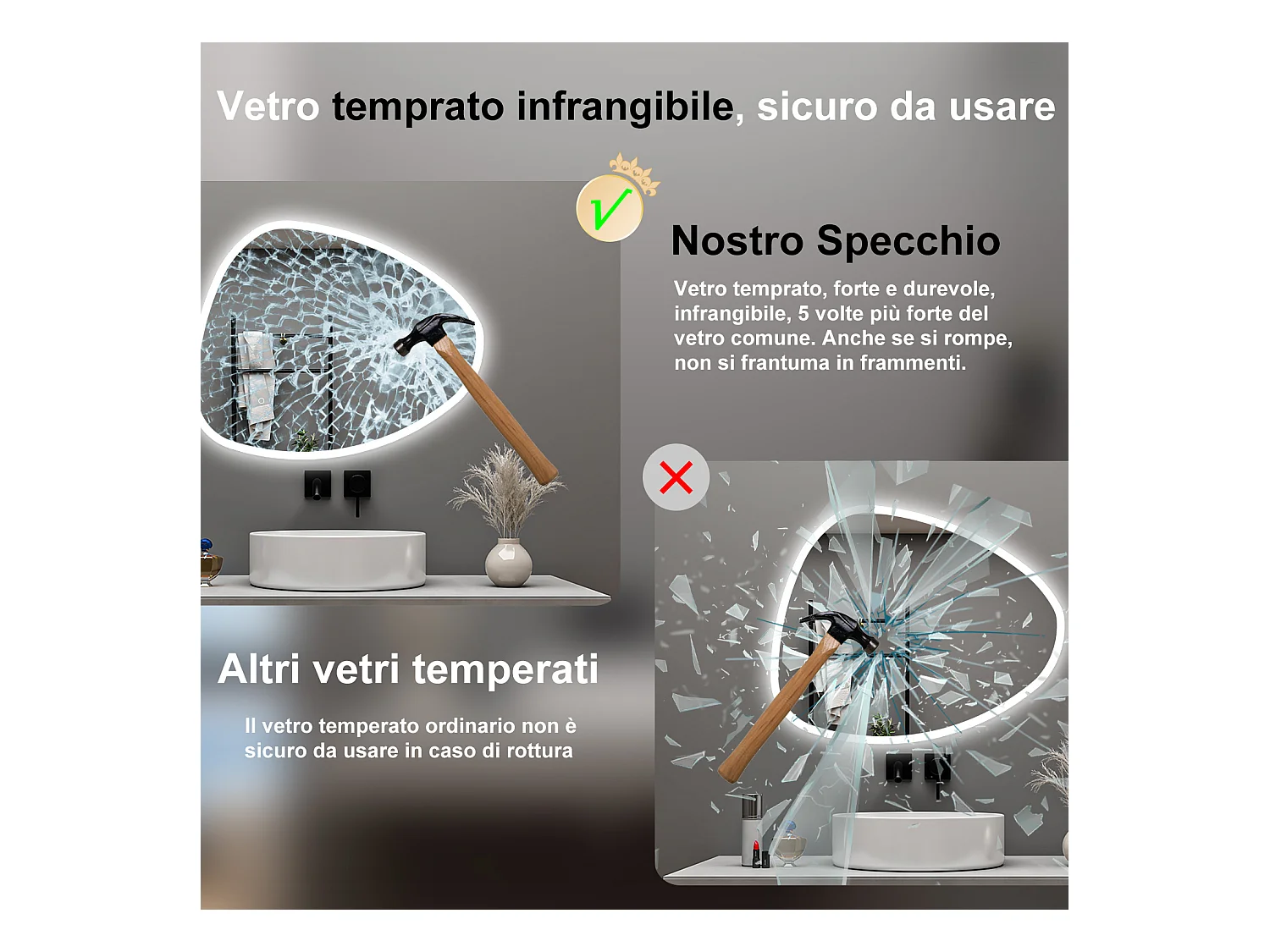 AICA Specchio da bagno 100 x 80 cm, dimmerabile, Funzione Memoria, antiappannamento, 3 colori