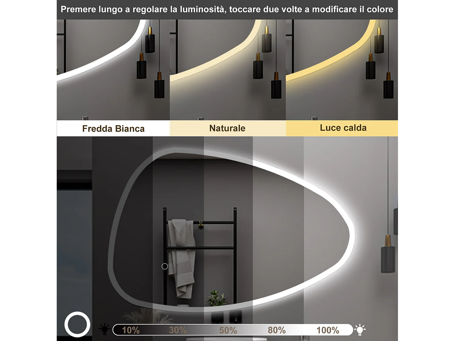 AICA Specchio da bagno 100 x 80 cm, dimmerabile, Funzione Memoria, antiappannamento, 3 colori