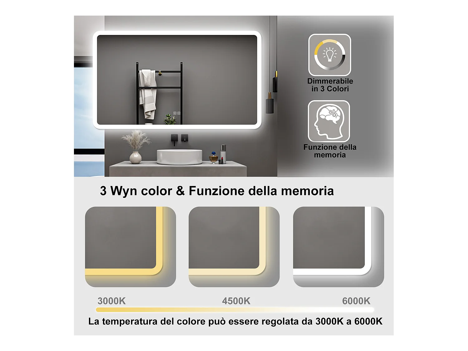 AICA Specchio da bagno  70 x 120 cm, dimmerabile, Blue tooth, Funzione Memoria, antiappannamento, 3 colori