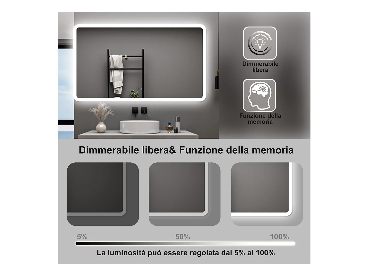 AICA Specchio da bagno  70 x 120 cm, dimmerabile, Blue tooth, Funzione Memoria, antiappannamento, 3 colori