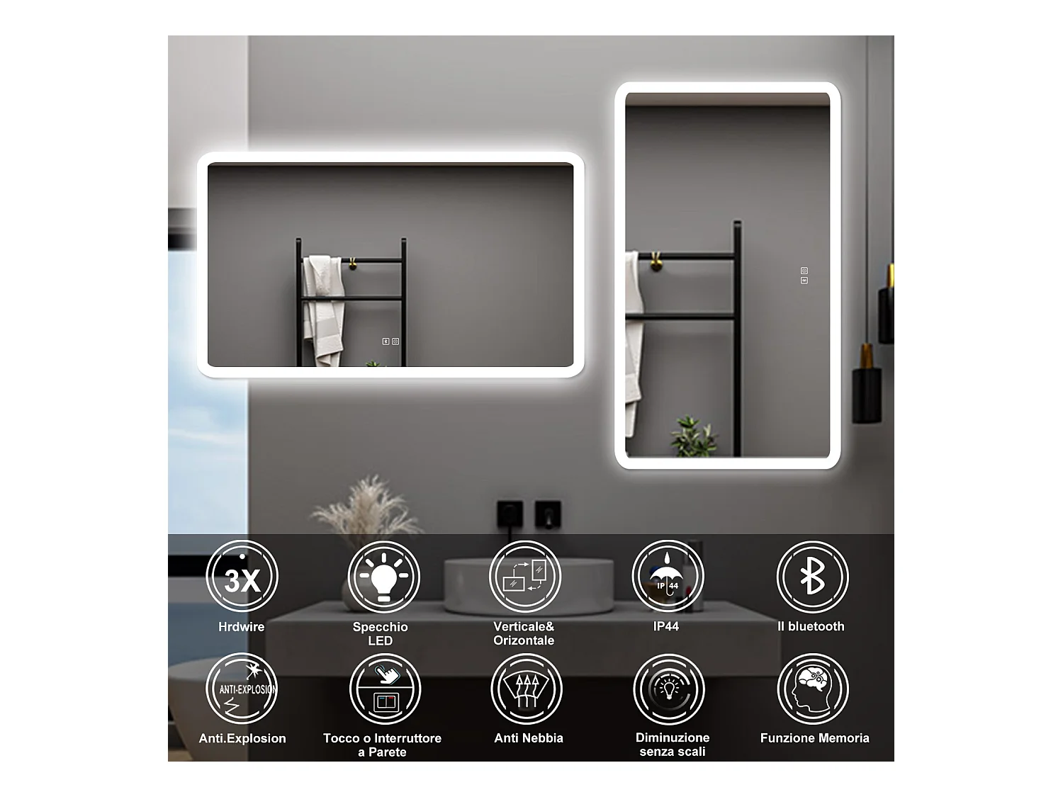 AICA Specchio da bagno  70 x 120 cm, dimmerabile, Blue tooth, Funzione Memoria, antiappannamento, 3 colori