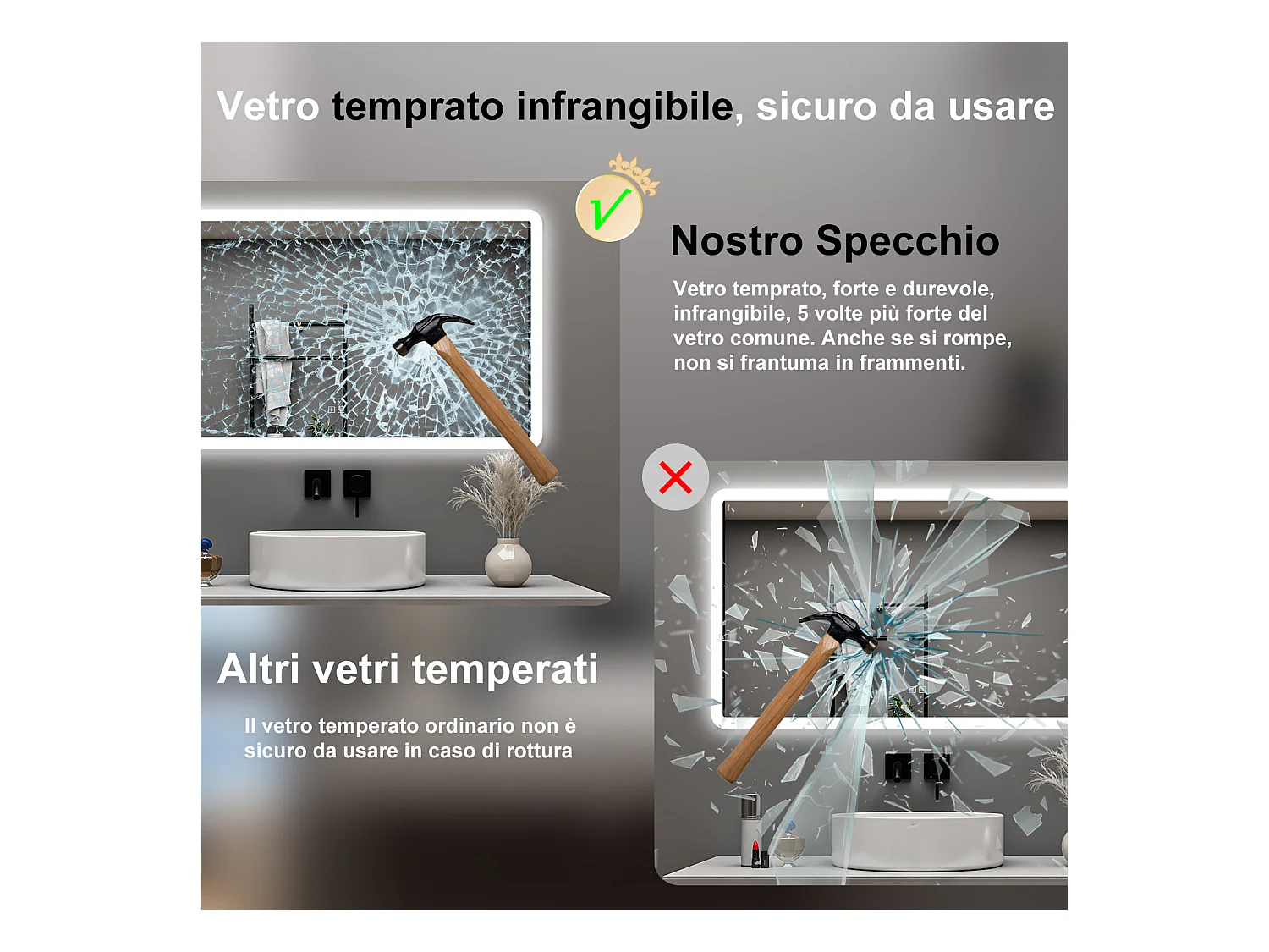 AICA Specchio da bagno  70 x 120 cm, dimmerabile, Blue tooth, Funzione Memoria, antiappannamento, 3 colori