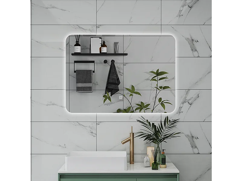 AICA Specchio da bagno 80 x 60 cm, dimmerabile, interruttore touch, Funzione Memoria