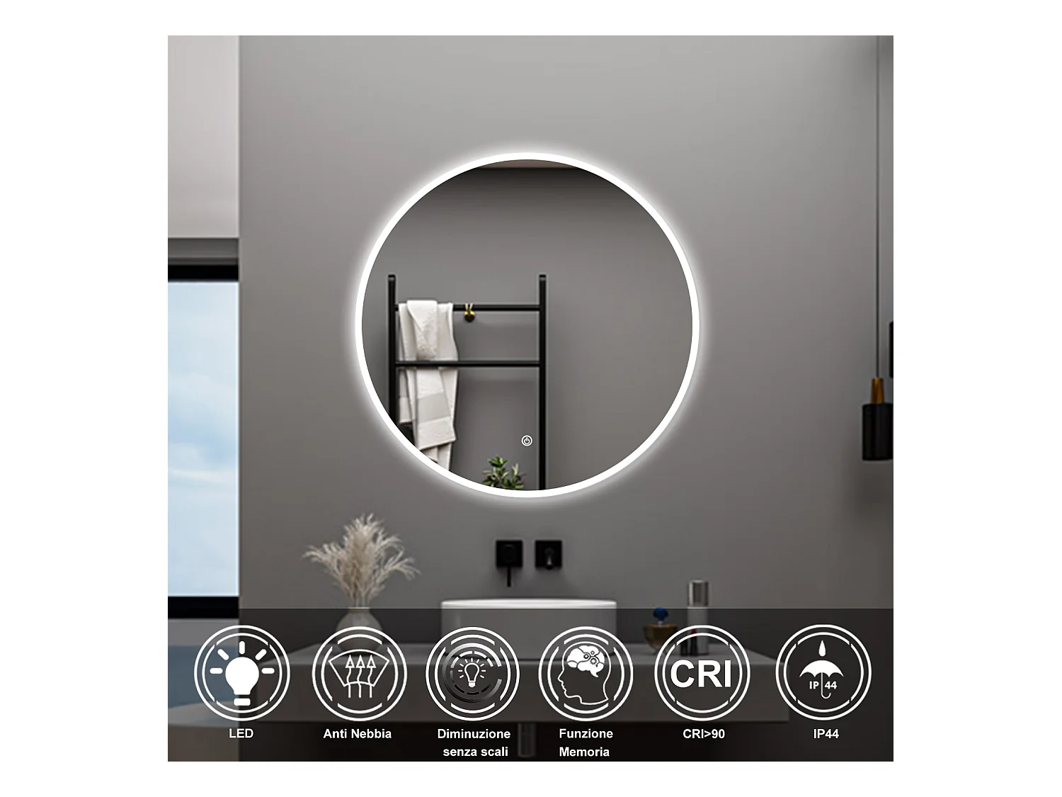 AICA Specchio da bagno 100 x 100 cm, antiappannamento, dimmerabile, interruttore touch, Funzione Memoria