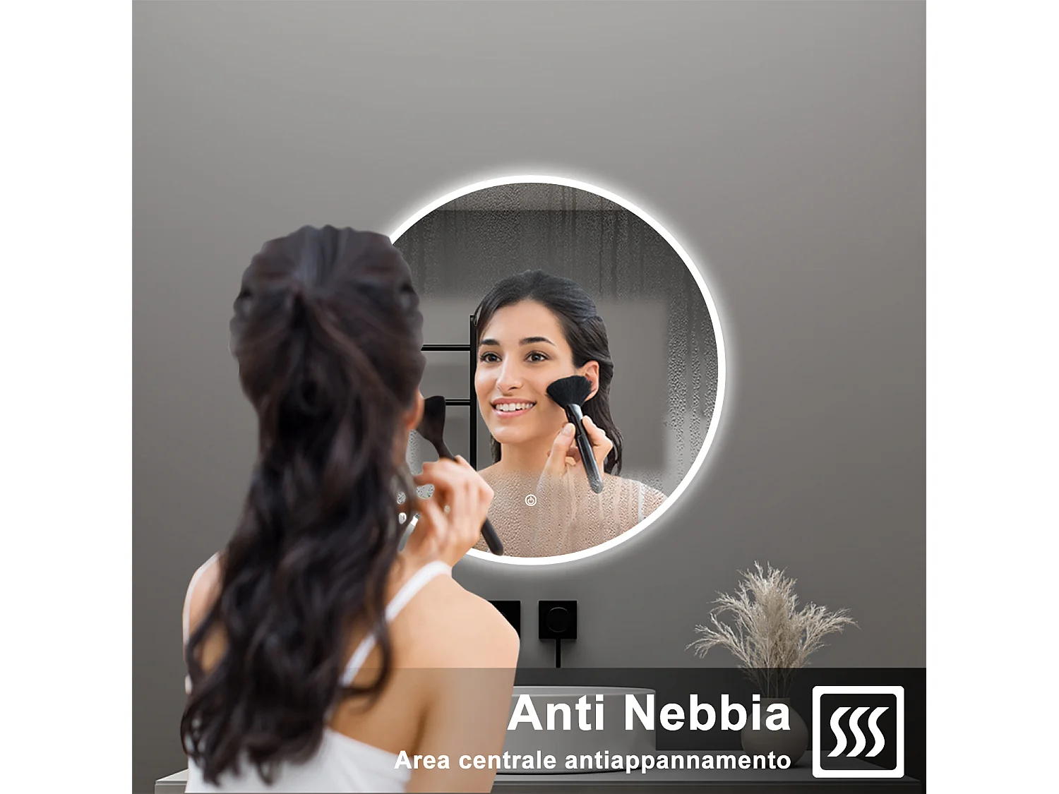 AICA Specchio da bagno 100 x 100 cm, antiappannamento, dimmerabile, interruttore touch, Funzione Memoria