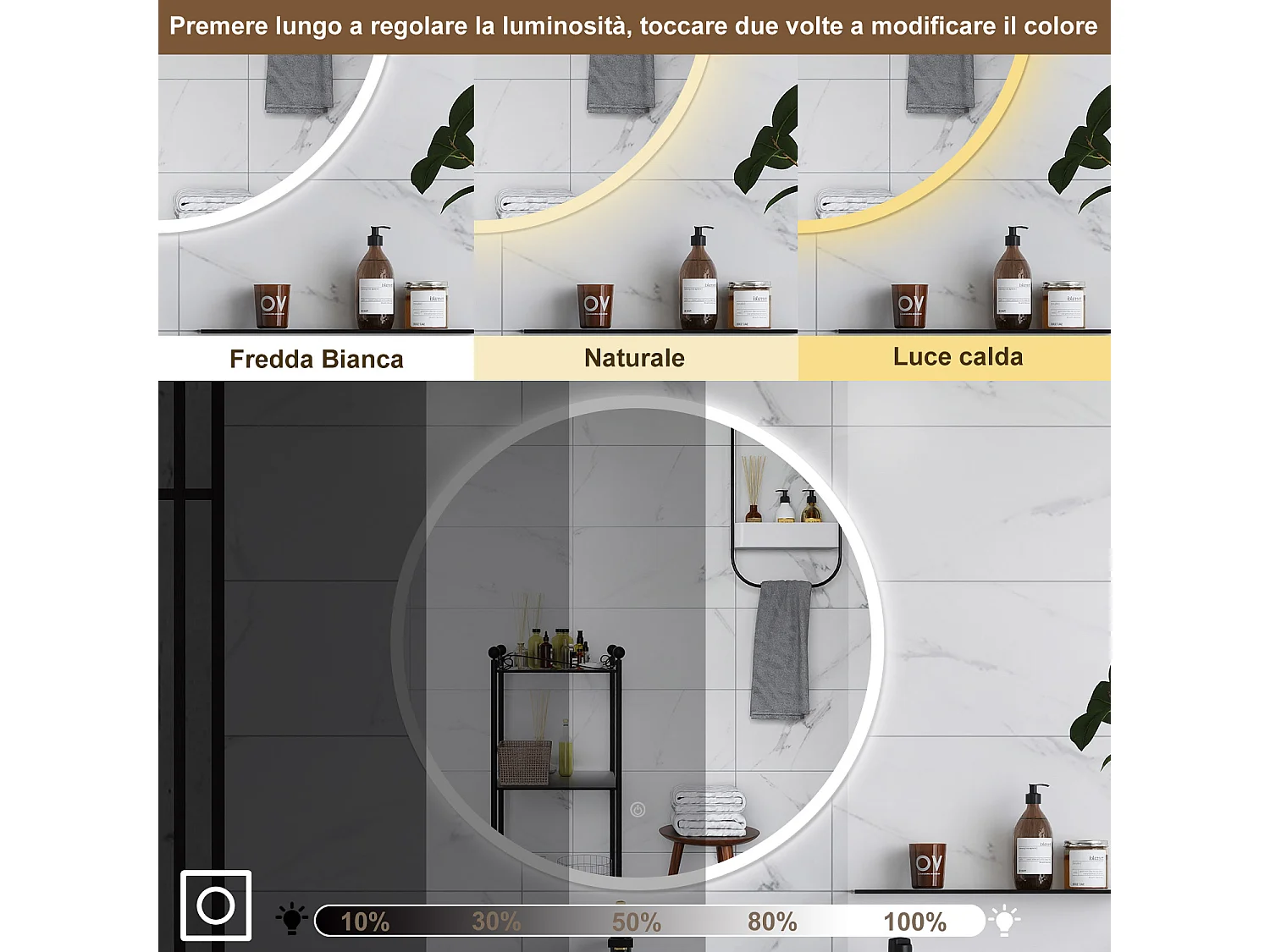 AICA Specchio da bagno 90 x 90 cm, 3 colori, antiappannamento, dimmerabile, interruttore touch, Funzione Memoria