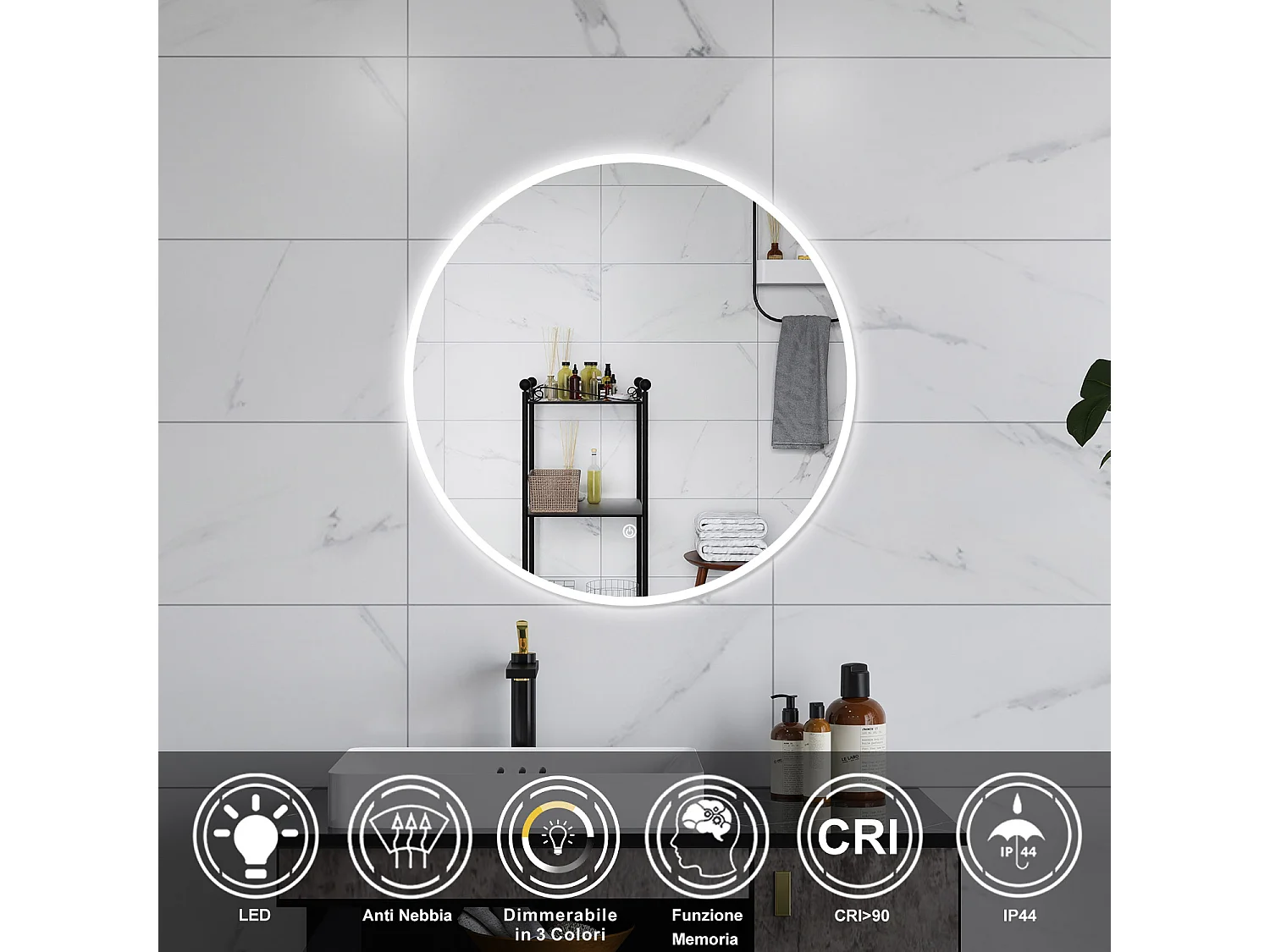 AICA Specchio da bagno 90 x 90 cm, 3 colori, antiappannamento, dimmerabile, interruttore touch, Funzione Memoria