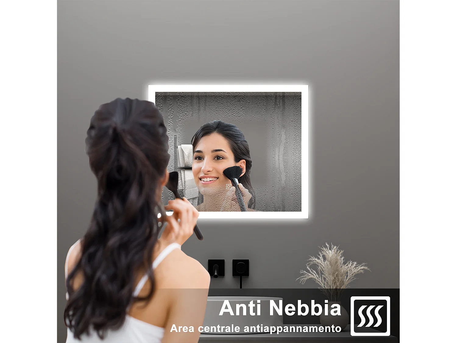 AICA Specchio da bagno  90 x 70 cm, dimmerabile, Funzione Memoria, antiappannamento, 3 colori