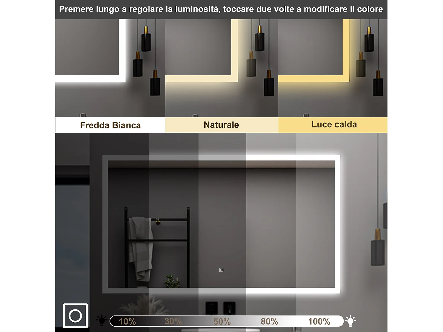 AICA Specchio da bagno  90 x 70 cm, dimmerabile, Funzione Memoria, antiappannamento, 3 colori