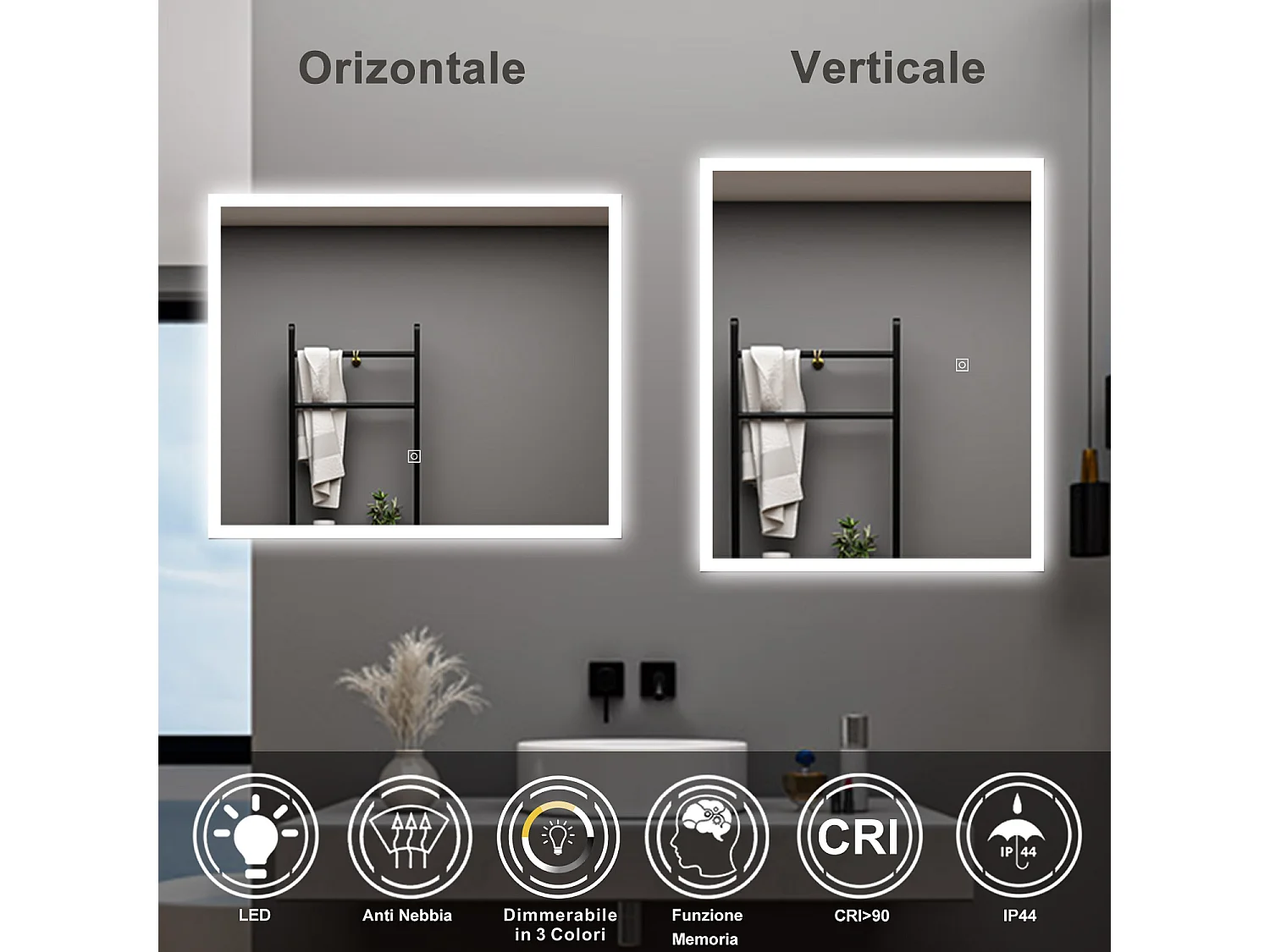 AICA Specchio da bagno  90 x 70 cm, dimmerabile, Funzione Memoria, antiappannamento, 3 colori