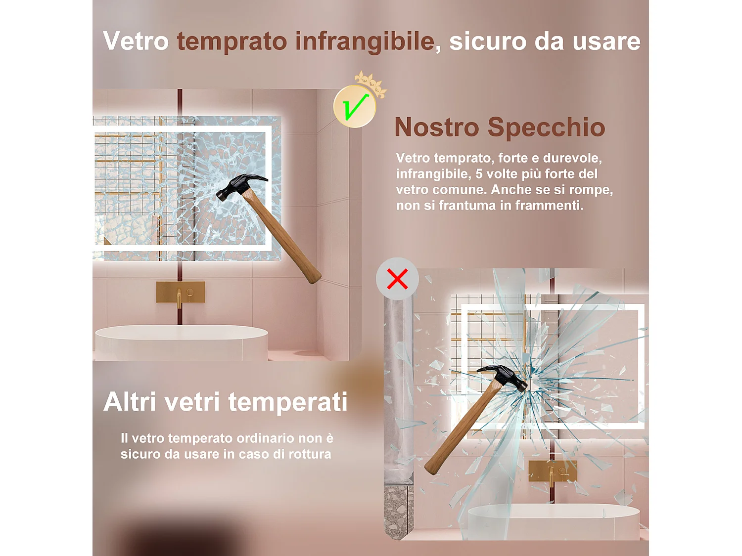 AICA Specchio da bagno  80 x 120 cm, dimmerabile, interruttore touch, Funzione Memoria, antiappannamento, 3 colori