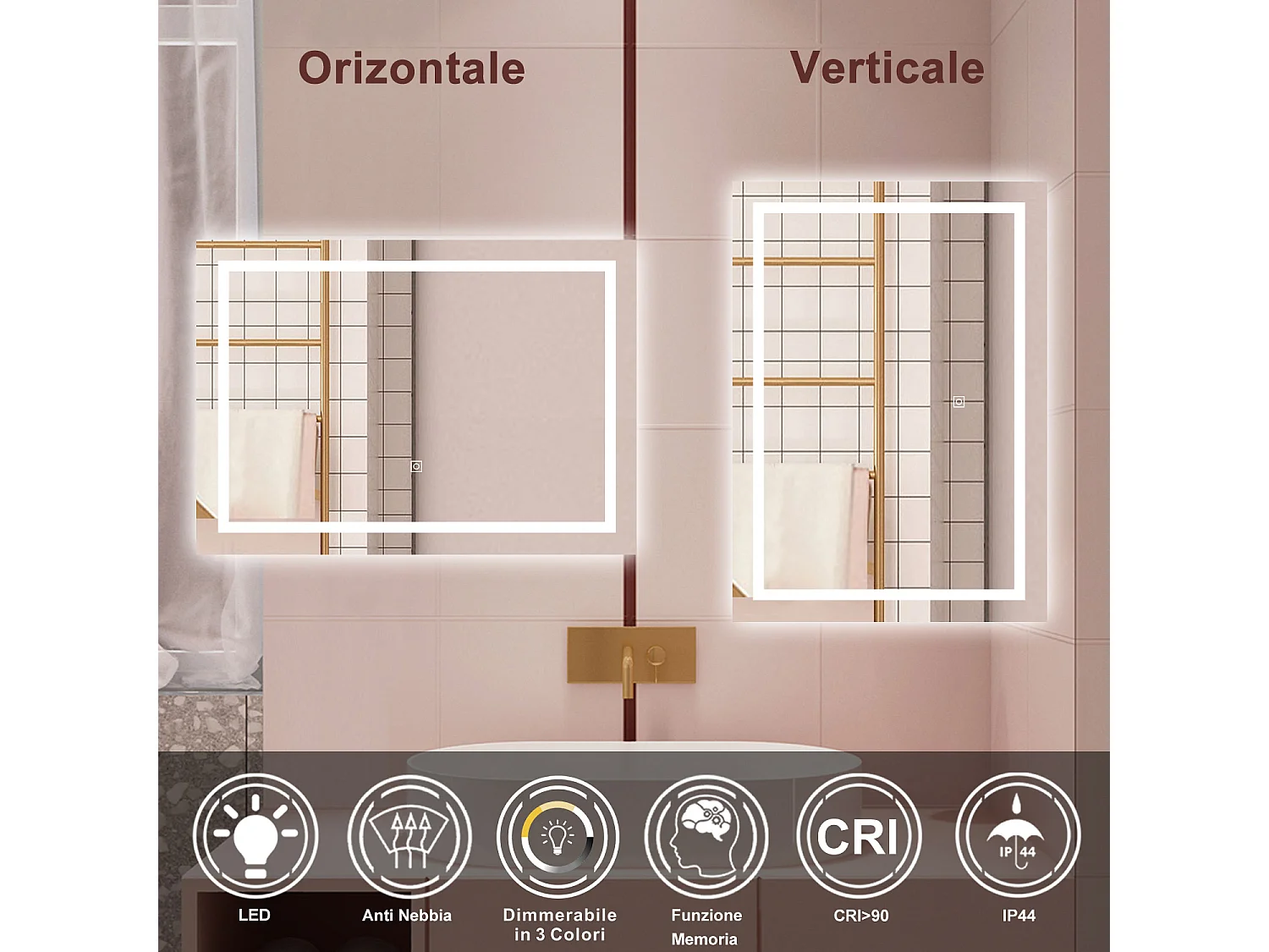AICA Specchio da bagno  80 x 120 cm, dimmerabile, interruttore touch, Funzione Memoria, antiappannamento, 3 colori