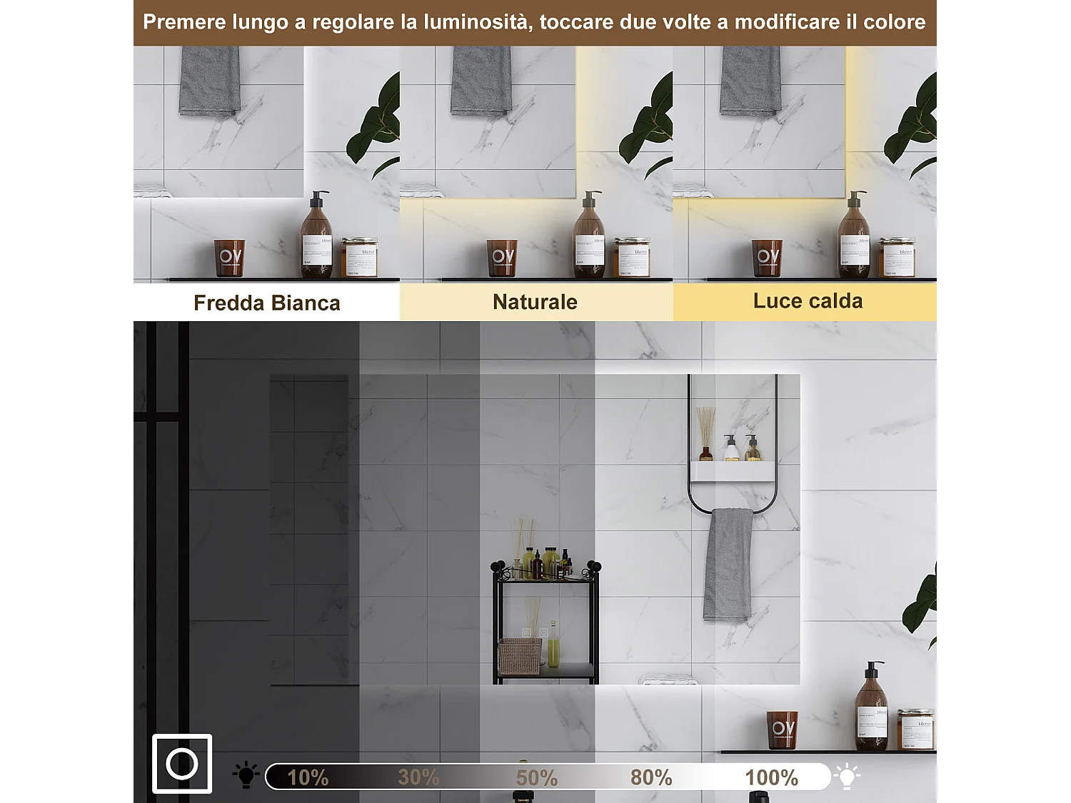 AICA Specchio da bagno  100 x 60 cm, dimmerabile, Funzione Memoria, antiappannamento, 3 colori