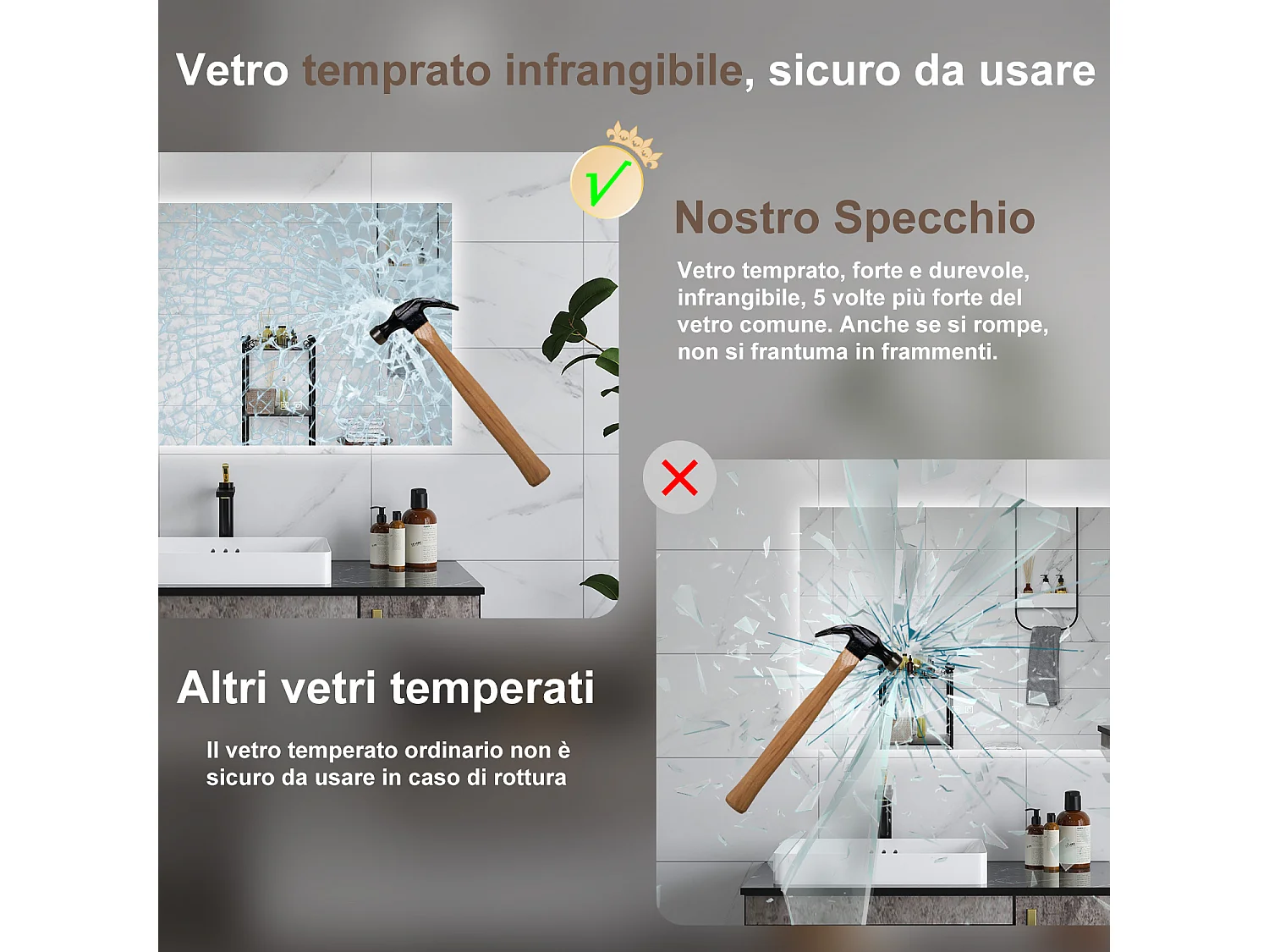 AICA Specchio da bagno  100 x 60 cm, dimmerabile, Funzione Memoria, antiappannamento, 3 colori