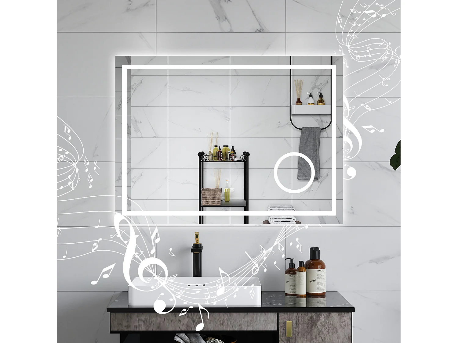 AICA Specchio da bagno  80 x 60 cm, dimmerabile, Blue tooth, Funzione Memoria, antiappannamento, 3 colori, Magnificatore