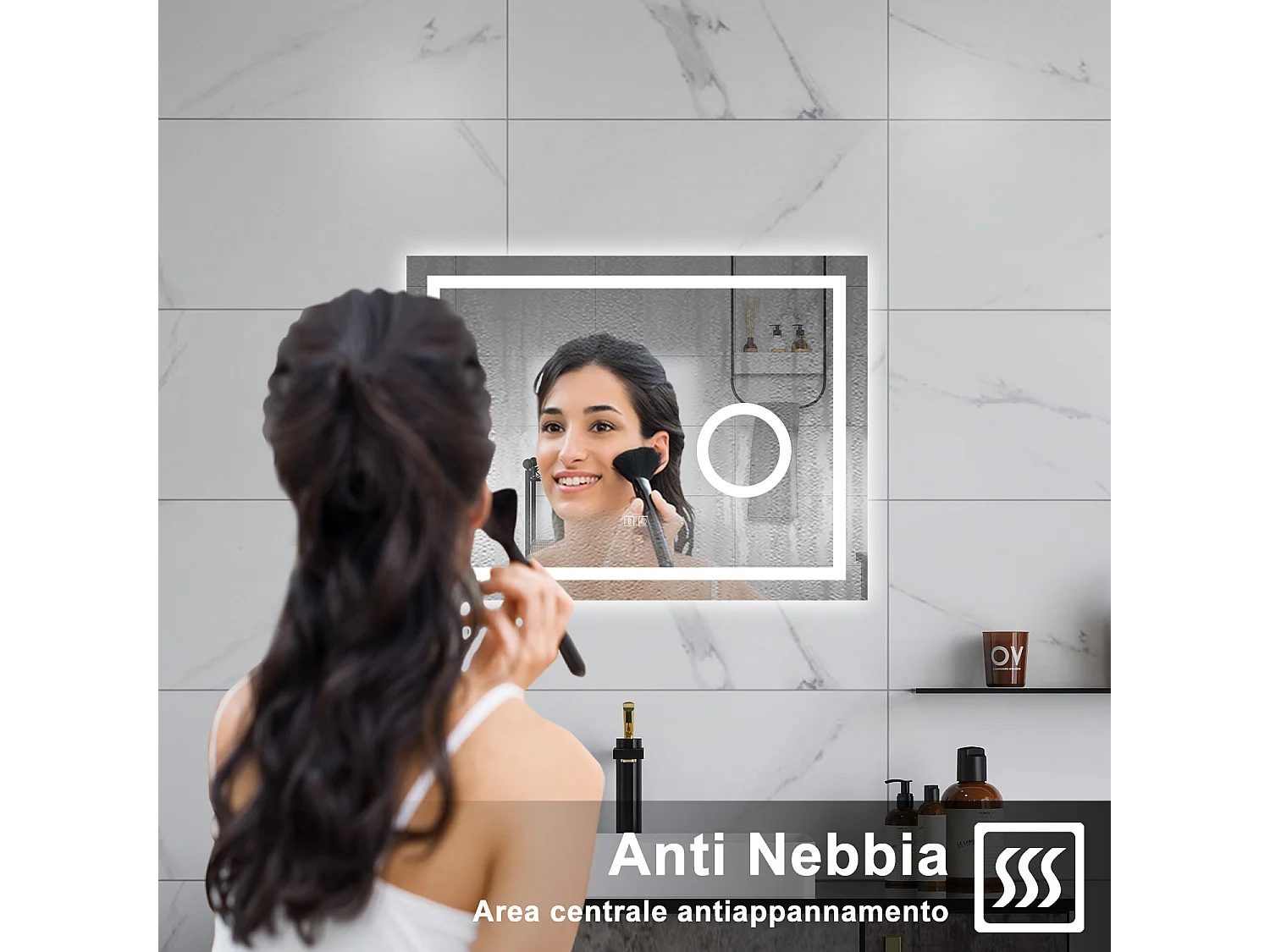 AICA Specchio da bagno  80 x 60 cm, dimmerabile, Blue tooth, Funzione Memoria, antiappannamento, 3 colori, Magnificatore