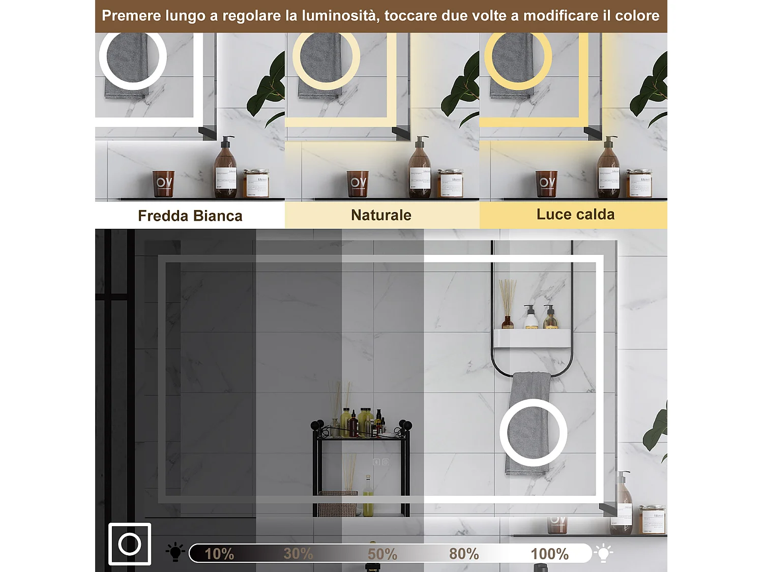 AICA Specchio da bagno  80 x 60 cm, dimmerabile, Blue tooth, Funzione Memoria, antiappannamento, 3 colori, Magnificatore