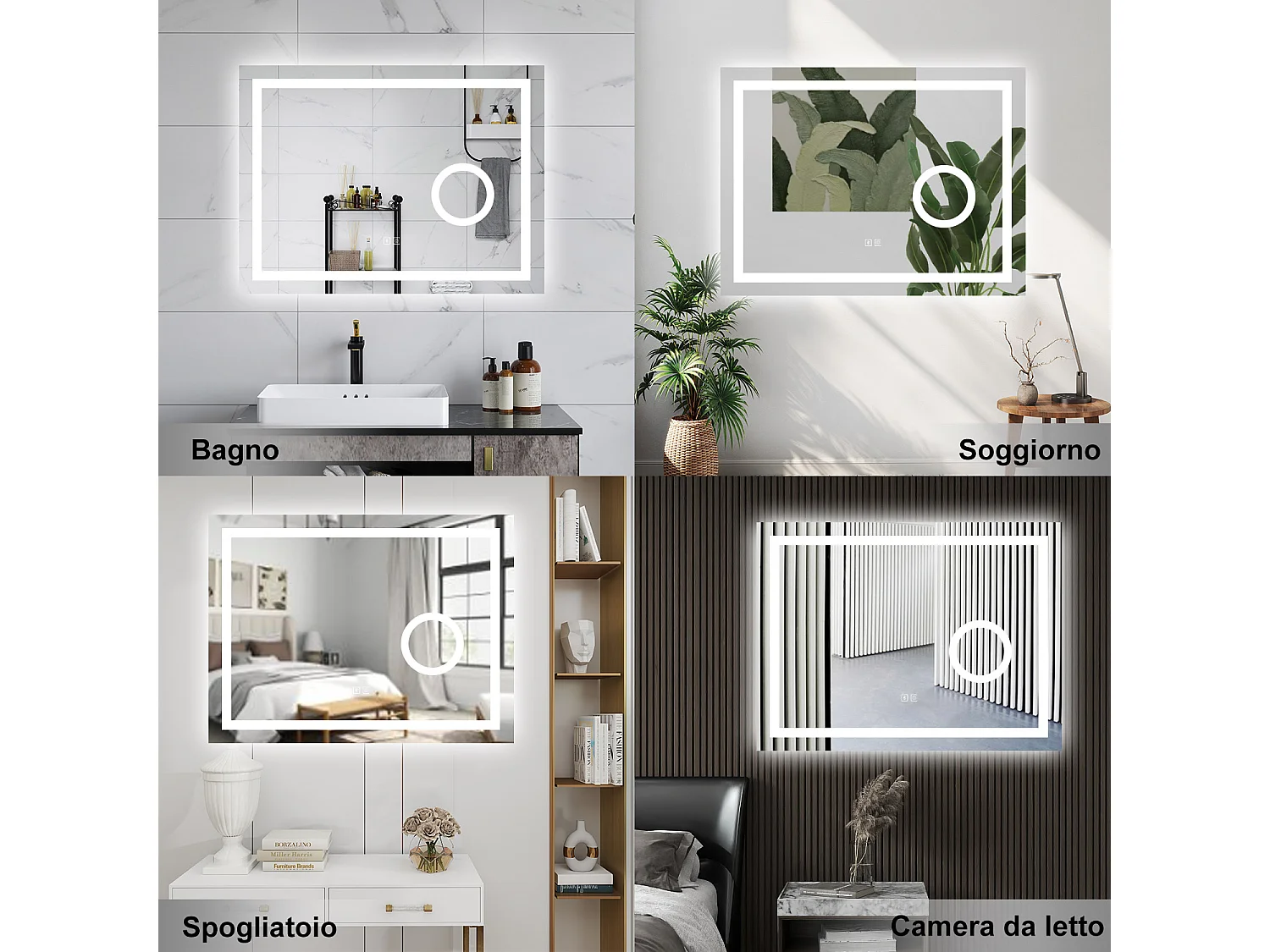 AICA Specchio da bagno  80 x 60 cm, dimmerabile, Blue tooth, Funzione Memoria, antiappannamento, 3 colori, Magnificatore