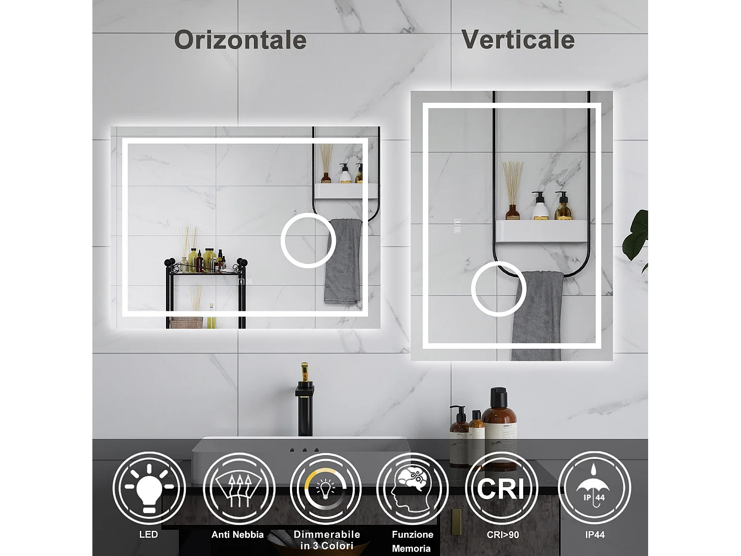 AICA Specchio da bagno  80 x 60 cm, dimmerabile, Blue tooth, Funzione Memoria, antiappannamento, 3 colori, Magnificatore