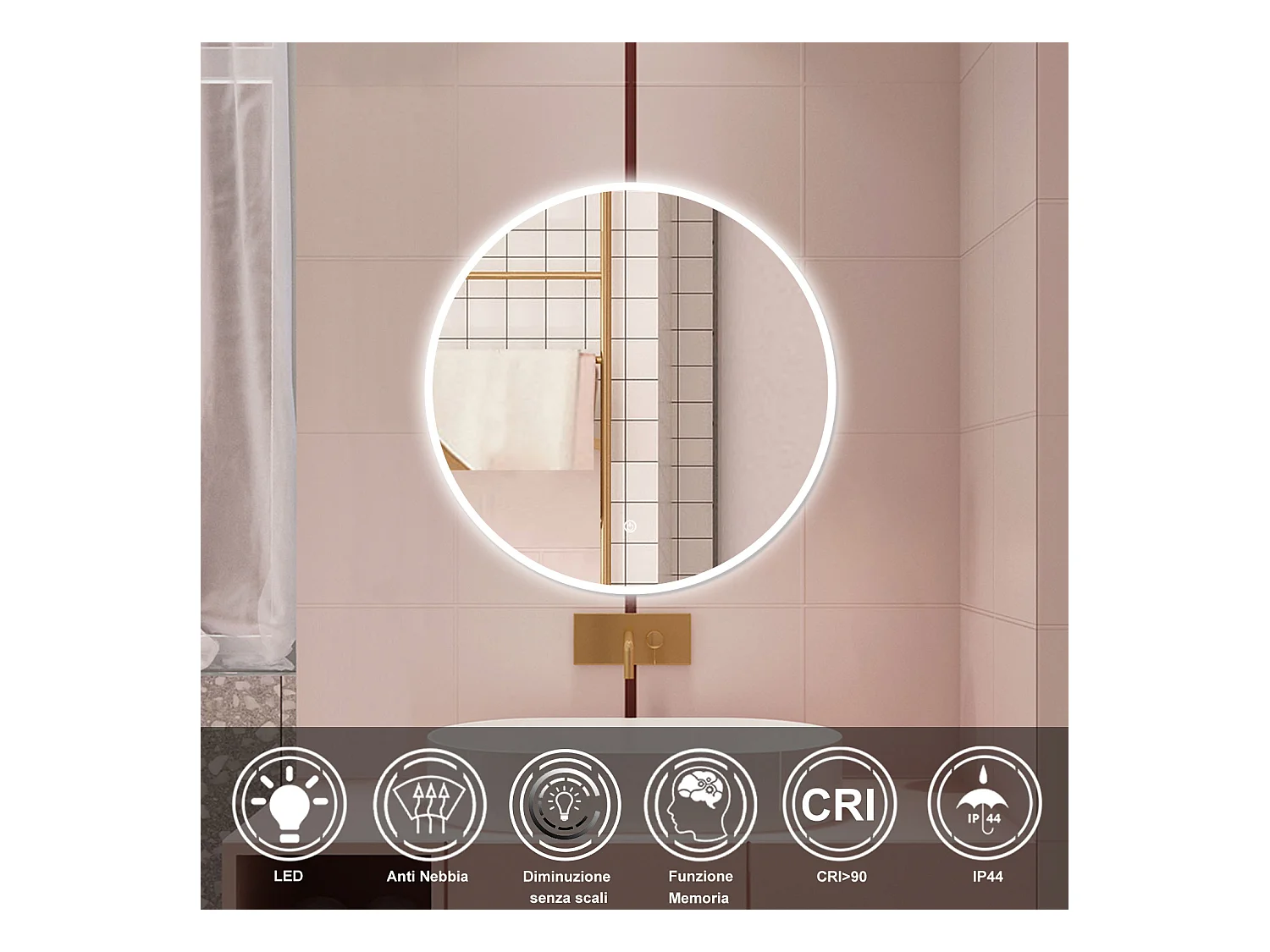 AICA Specchio da bagno 70 x 70 cm, antiappannamento, dimmerabile, interruttore touch, Funzione Memoria