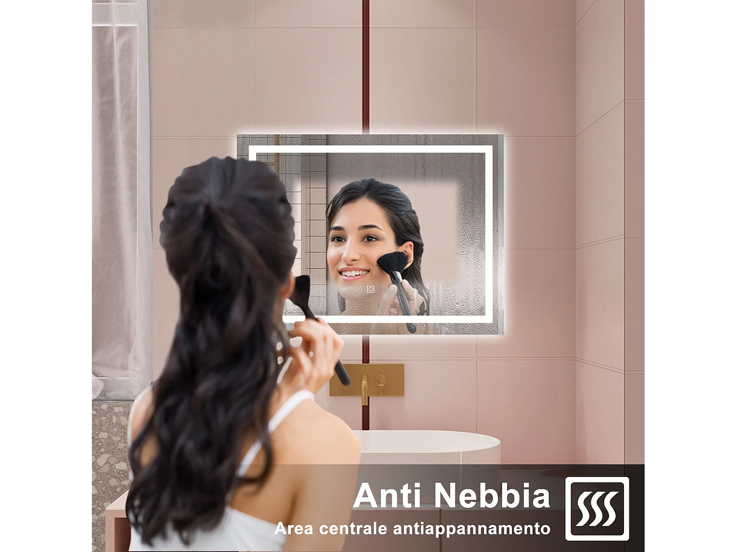 AICA Specchio da bagno  80 x 60 cm, dimmerabile, interruttore touch, Funzione Memoria, antiappannamento