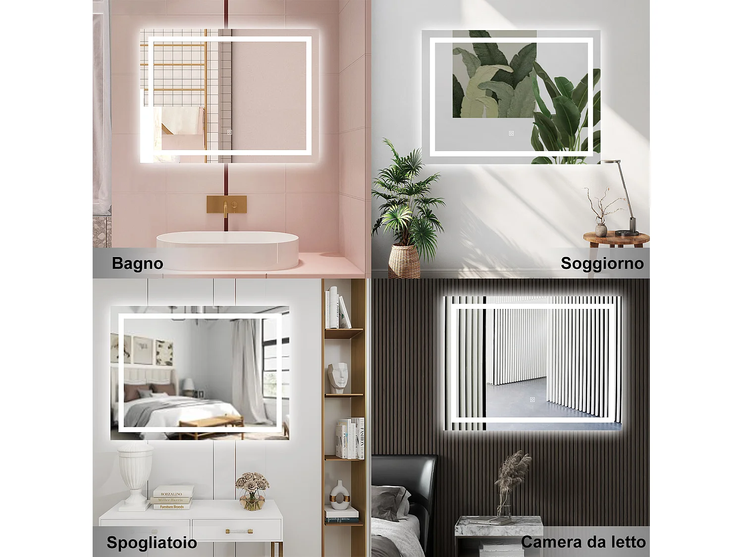 AICA Specchio da bagno  80 x 60 cm, dimmerabile, interruttore touch, Funzione Memoria, antiappannamento