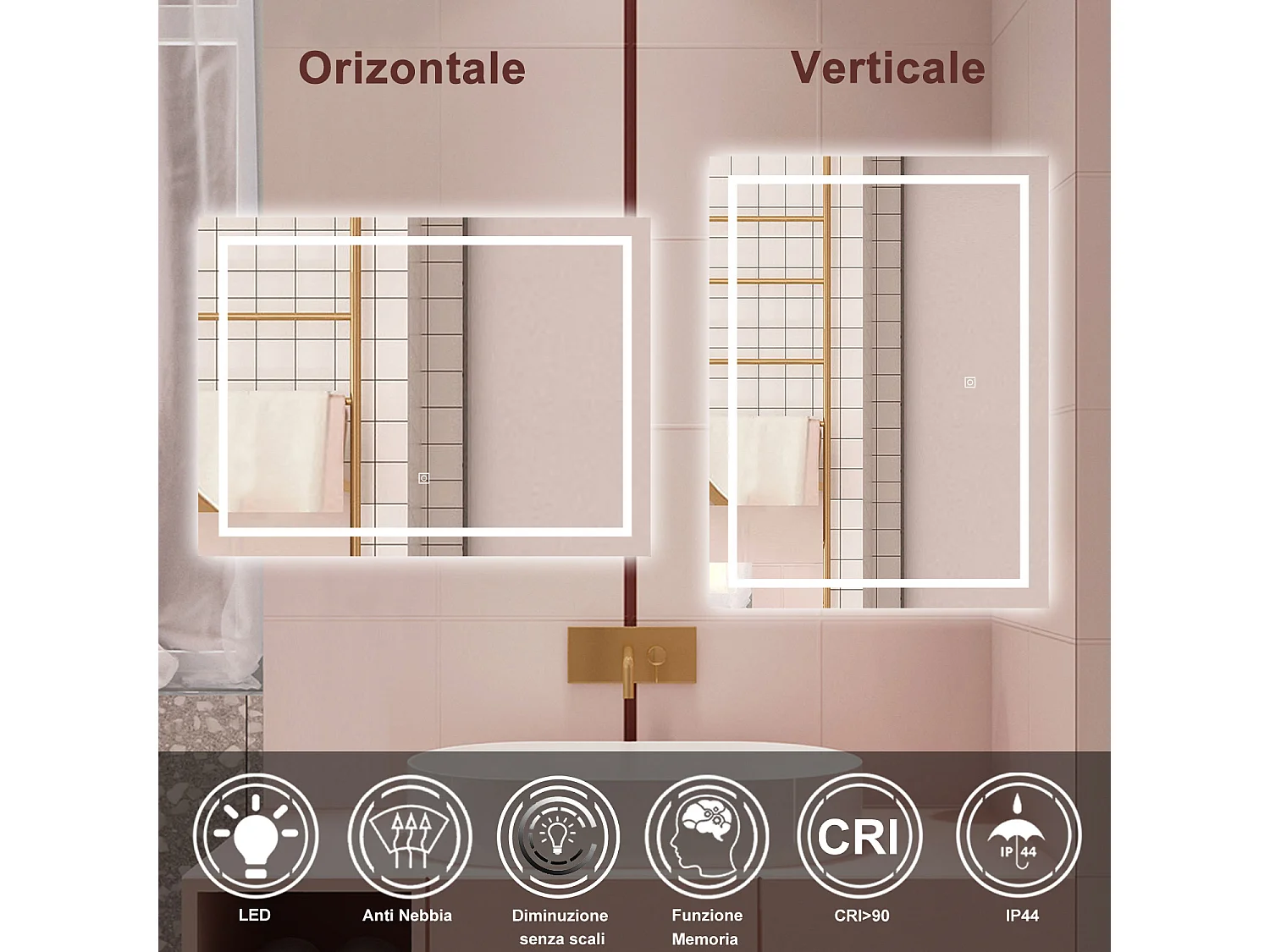 AICA Specchio da bagno  80 x 60 cm, dimmerabile, interruttore touch, Funzione Memoria, antiappannamento