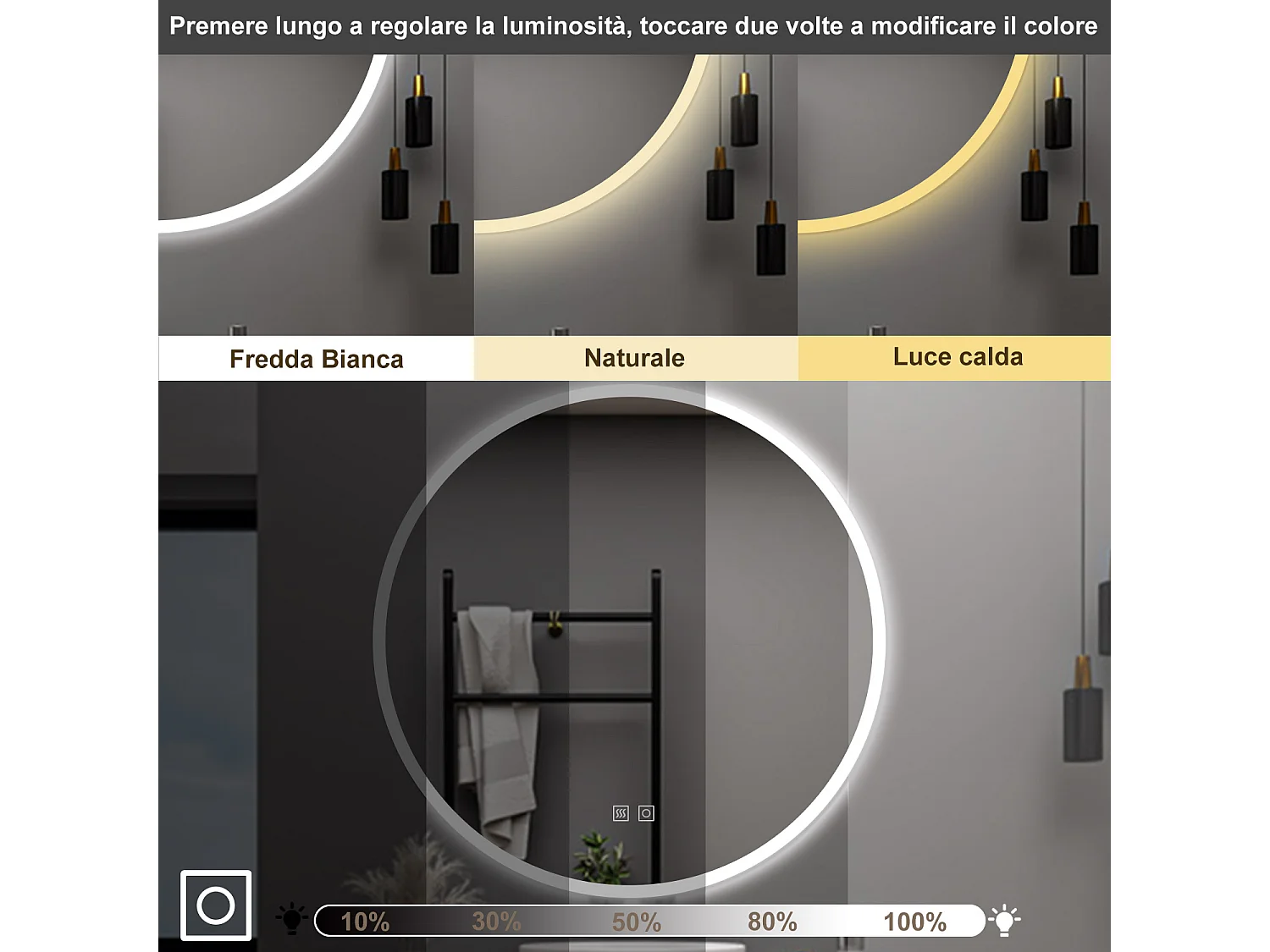 AICA Specchio da bagno 80 x 80 cm, 3 colori, antiappannamento, dimmerabile, interruttore touch, Funzione Memoria