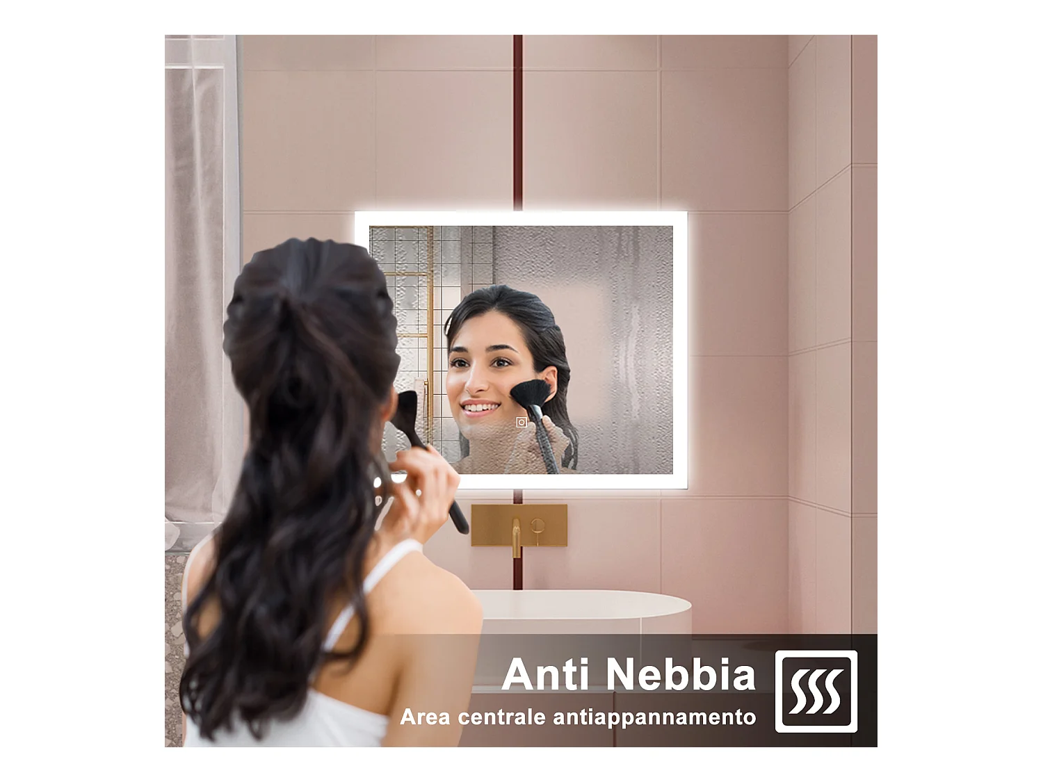 AICA Specchio da bagno  90 x 70 cm, dimmerabile, Funzione Memoria, antiappannamento, 3 colori